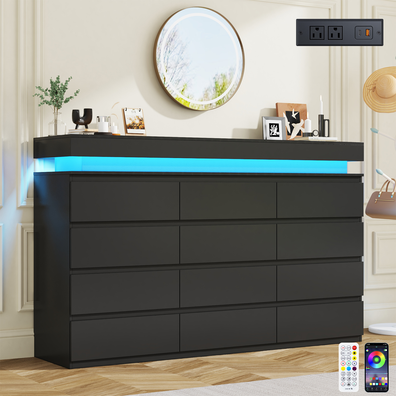 ChVans Black 9 Drawer Dresser with LED Lights, 63" Wide Modern Wood Chest of Drawers with Charging Station & Handle Free, LED Black Dresser for bedroom, Living Room, Entryway, Hallway