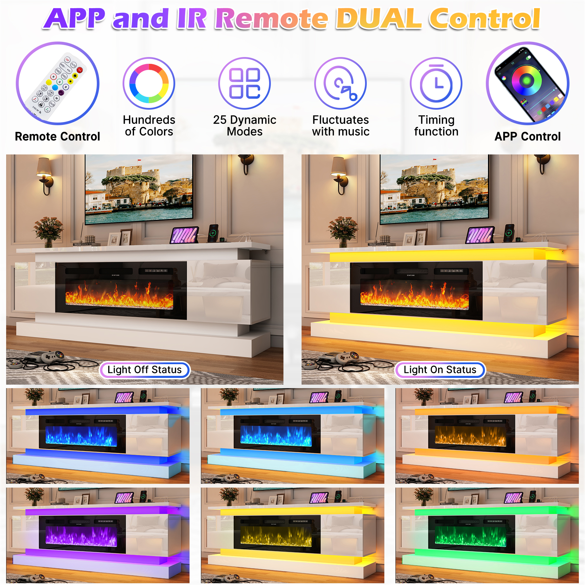 ChVans Fireplace TV Stand for 85" TV, 71" LED TV Stand with 40" Electric Fireplace & Power Outlet, High Gloss Surface, 2 Storage Cabinet, Modern Style