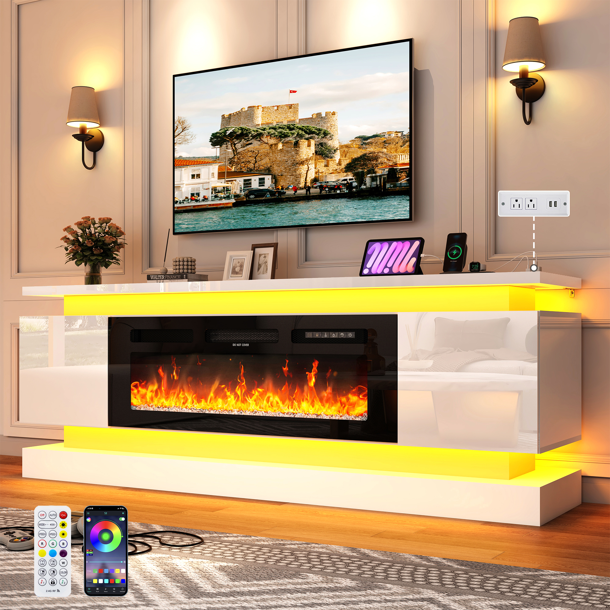ChVans Fireplace TV Stand for 85" TV, 71" LED TV Stand with 40" Electric Fireplace & Power Outlet, High Gloss Surface, 2 Storage Cabinet, Modern Style