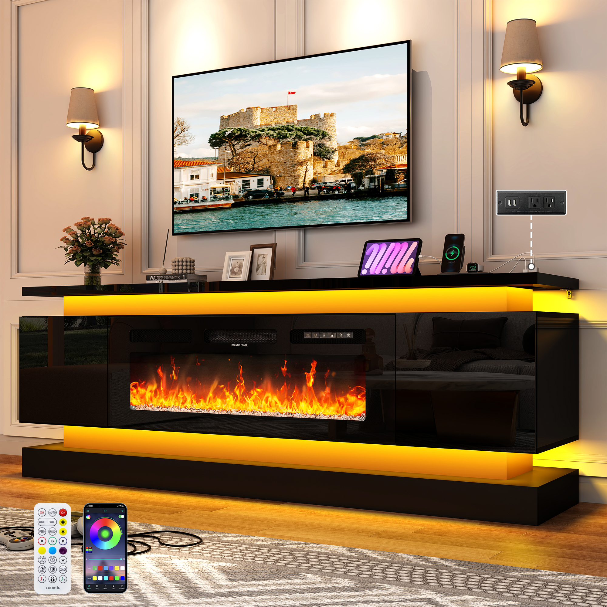 ChVans Fireplace TV Stand for 85" TV, 71" LED TV Stand with 40" Electric Fireplace & Power Outlet, High Gloss Surface, 2 Storage Cabinet, Modern Style