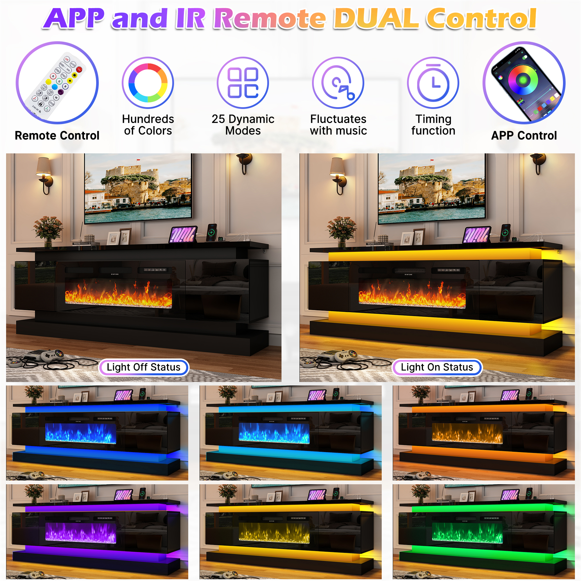 ChVans Fireplace TV Stand for 85" TV, 71" LED TV Stand with 40" Electric Fireplace & Power Outlet, High Gloss Surface, 2 Storage Cabinet, Modern Style