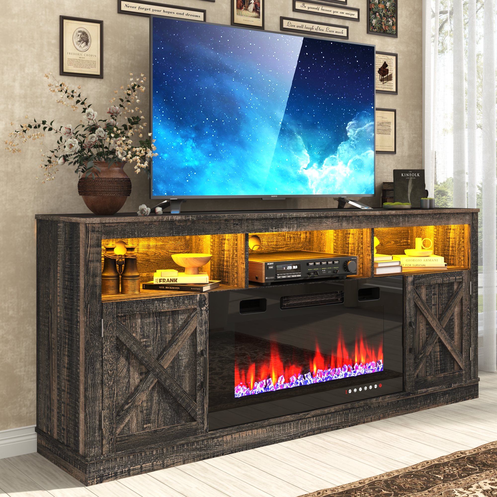 ChVans 70" Fireplace TV Stand for TVs up to 80" with 36" Electric Fireplace, Farmhouse Entertainment Center with LED, Wooden Media Console for Living Room, Bedroom(Grey)