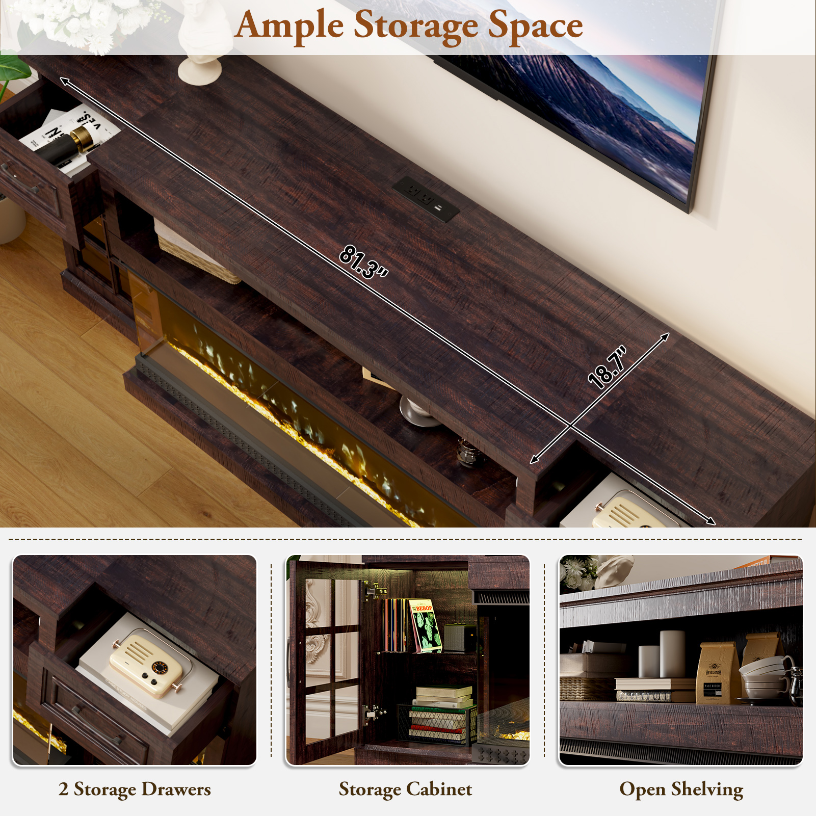 ChVans 3-Sided Glass 81" Fireplace TV Stand for TVs up to 90", Farmhouse Entertainment Center TV Console Table with 50" Electric Fireplace & LED Lights, TV Stand with Fireplace 3D