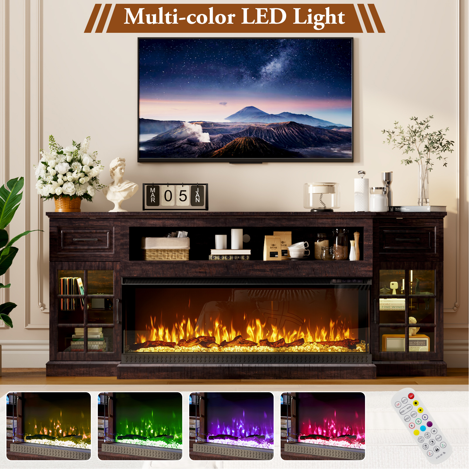 ChVans 3-Sided Glass 81" Fireplace TV Stand for TVs up to 90", Farmhouse Entertainment Center TV Console Table with 50" Electric Fireplace & LED Lights, TV Stand with Fireplace 3D