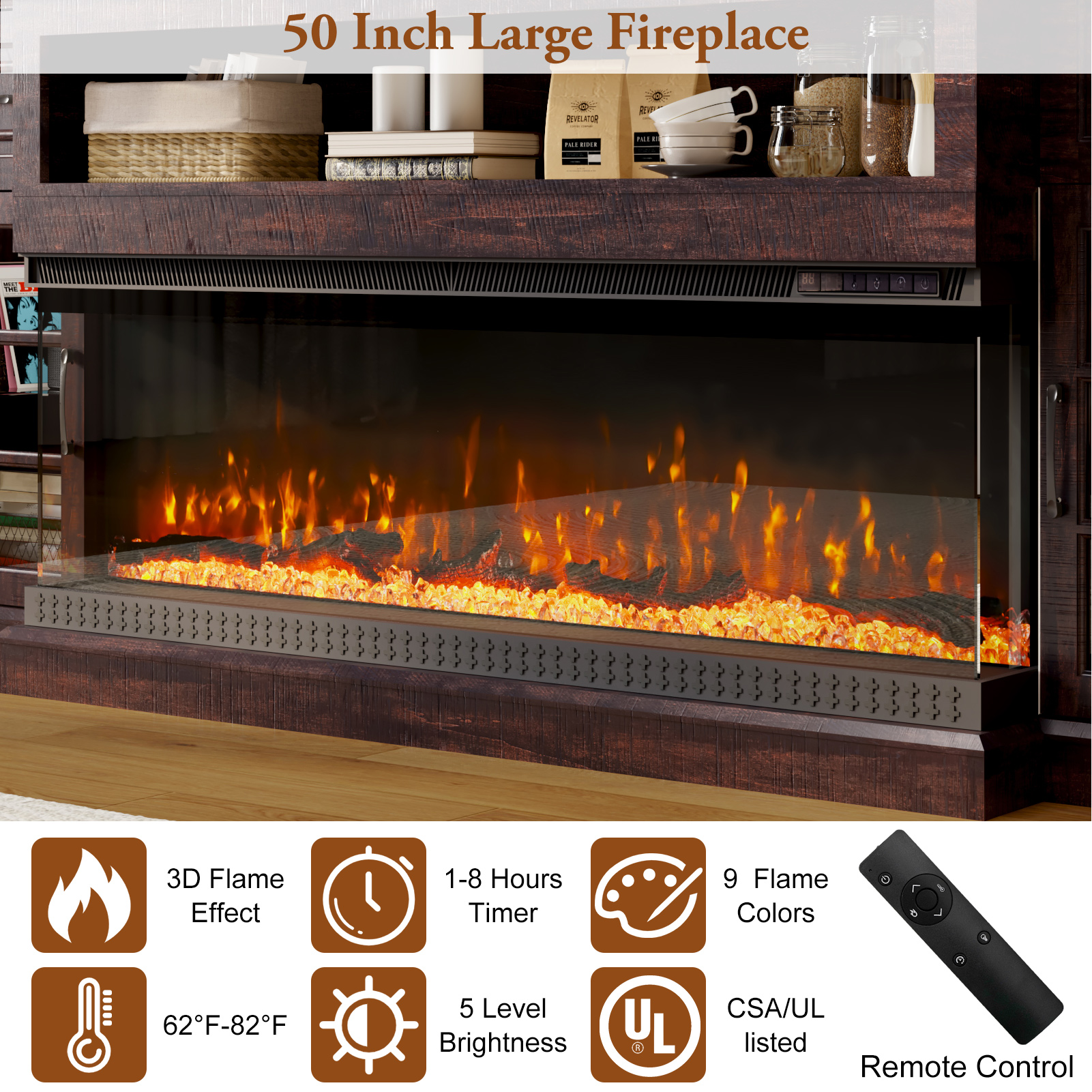 ChVans 3-Sided Glass 81" Fireplace TV Stand for TVs up to 90", Farmhouse Entertainment Center TV Console Table with 50" Electric Fireplace & LED Lights, TV Stand with Fireplace 3D