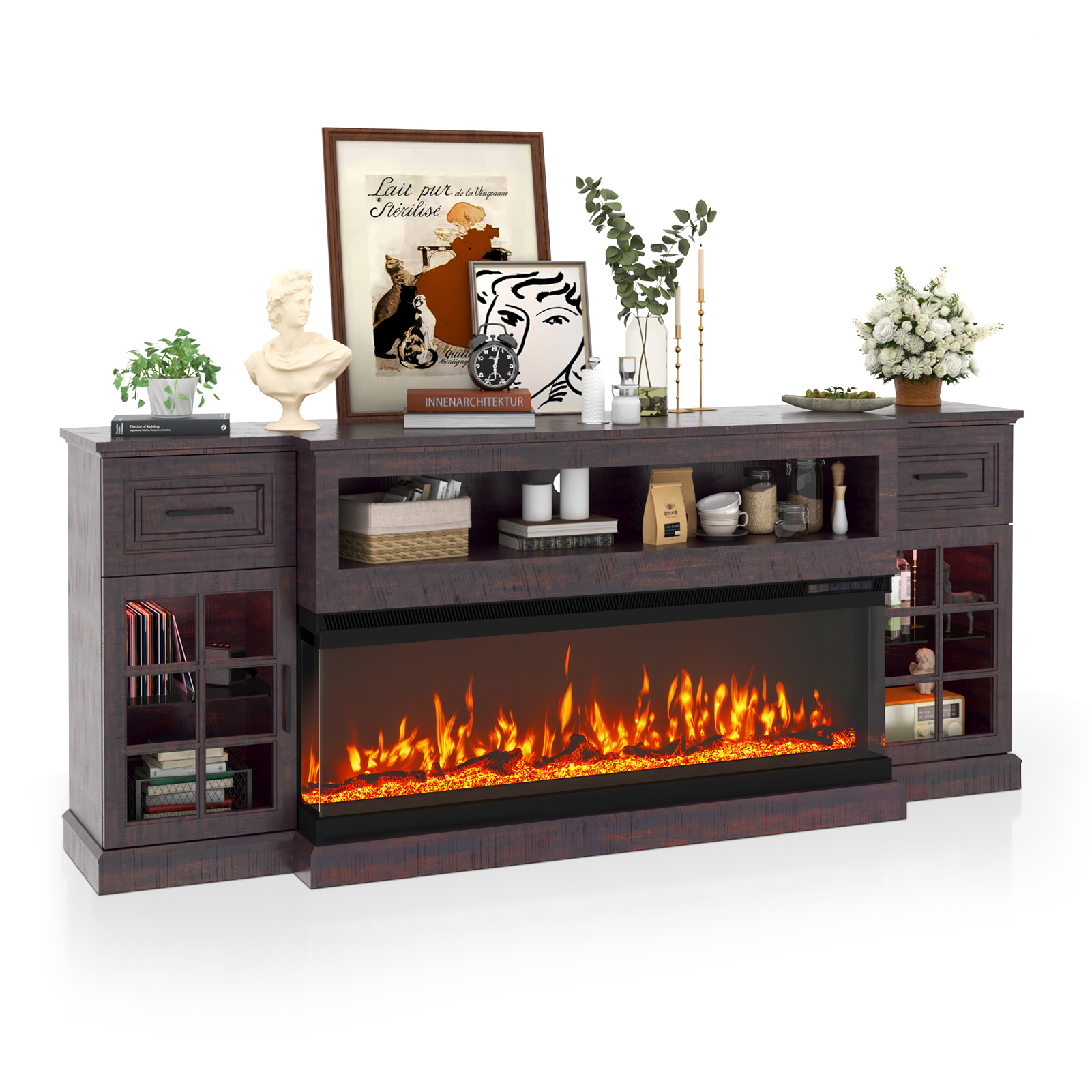 ChVans 3-Sided Glass 81" Fireplace TV Stand for TVs up to 90", Farmhouse Entertainment Center TV Console Table with 50" Electric Fireplace & LED Lights, TV Stand with Fireplace 3D