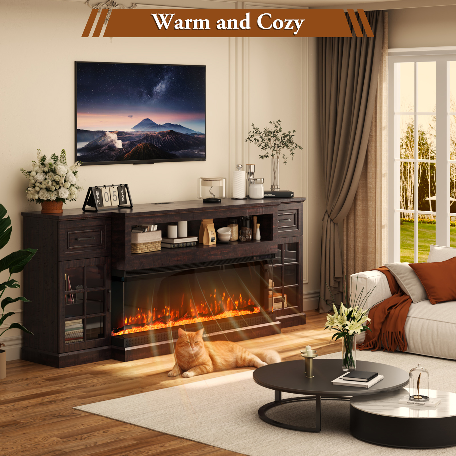 ChVans 3-Sided Glass 81" Fireplace TV Stand for TVs up to 90", Farmhouse Entertainment Center TV Console Table with 50" Electric Fireplace & LED Lights, TV Stand with Fireplace 3D