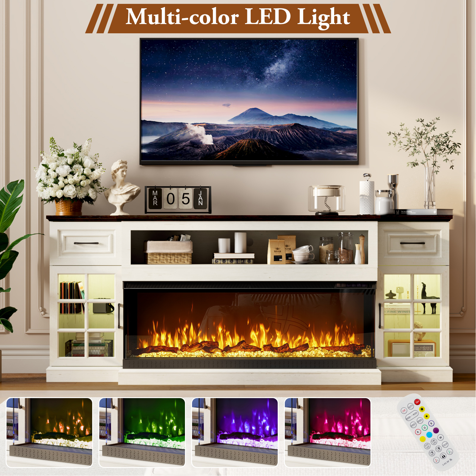 ChVans 3-Sided Glass 81" Fireplace TV Stand for TVs up to 90", Farmhouse Entertainment Center TV Console Table with 50" Electric Fireplace & LED Lights, TV Stand with Fireplace 3D