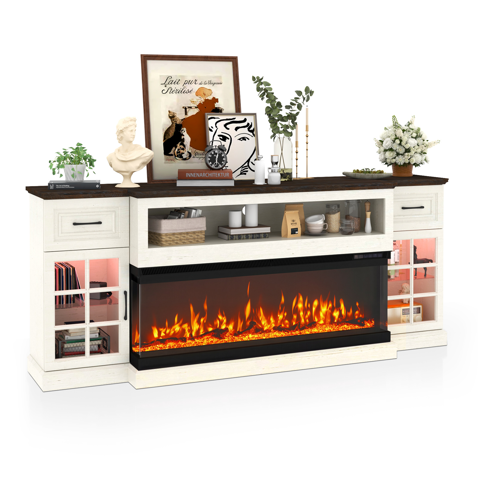 ChVans 3-Sided Glass 81" Fireplace TV Stand for TVs up to 90", Farmhouse Entertainment Center TV Console Table with 50" Electric Fireplace & LED Lights, TV Stand with Fireplace 3D