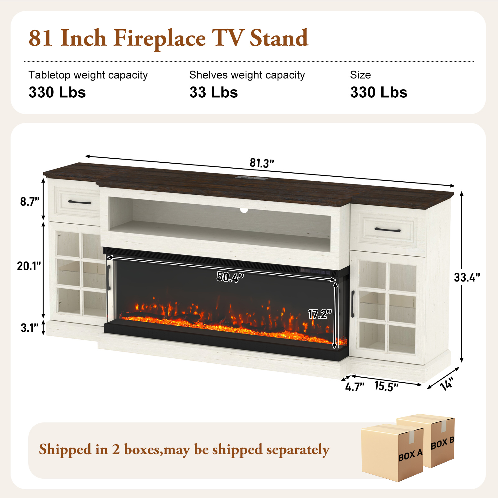 ChVans 3-Sided Glass 81" Fireplace TV Stand for TVs up to 90", Farmhouse Entertainment Center TV Console Table with 50" Electric Fireplace & LED Lights, TV Stand with Fireplace 3D