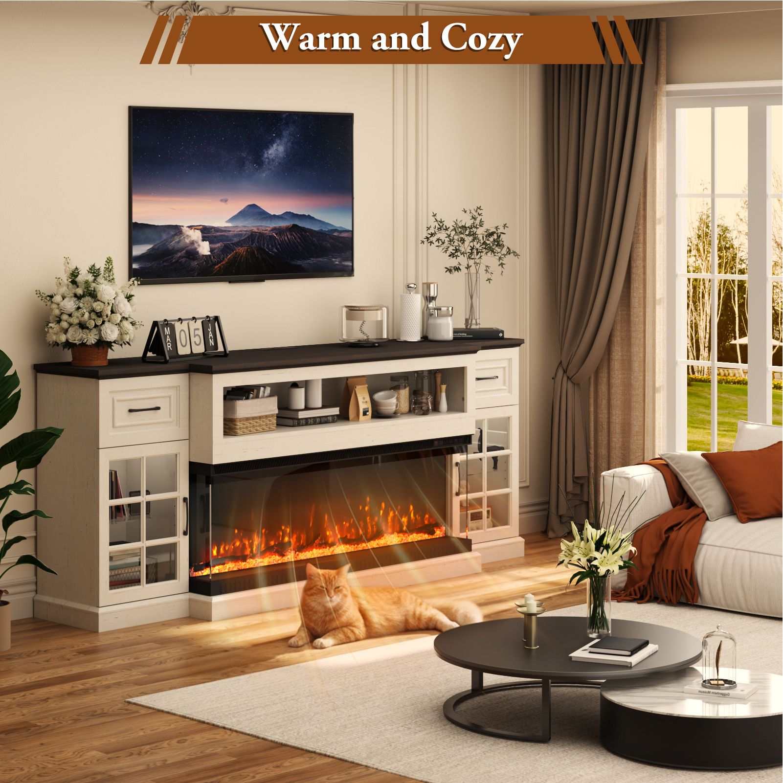 ChVans 3-Sided Glass 81" Fireplace TV Stand for TVs up to 90", Farmhouse Entertainment Center TV Console Table with 50" Electric Fireplace & LED Lights, TV Stand with Fireplace 3D