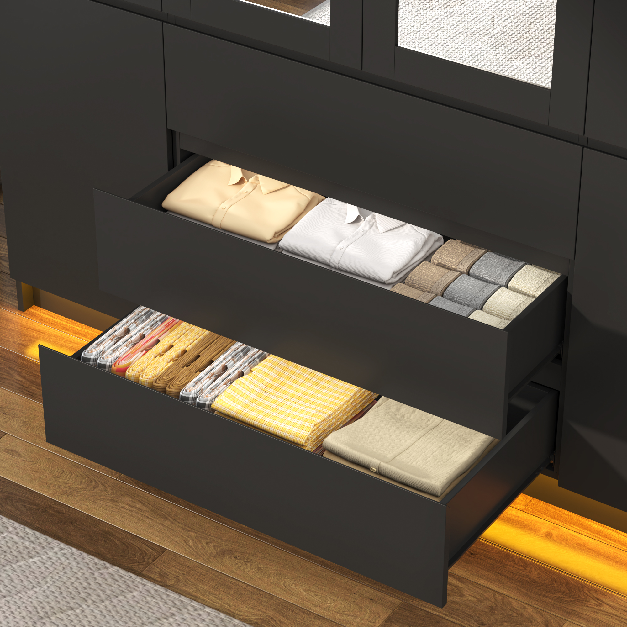 ChVans 75" Tall 4 Doors Armoire Wardrobe Closet with 3 Drawers and Mirror, Large Wardrobe Closet for Bedroom with LED Lights, Wooden Armoire Storage Cabinet with Hanging Rod