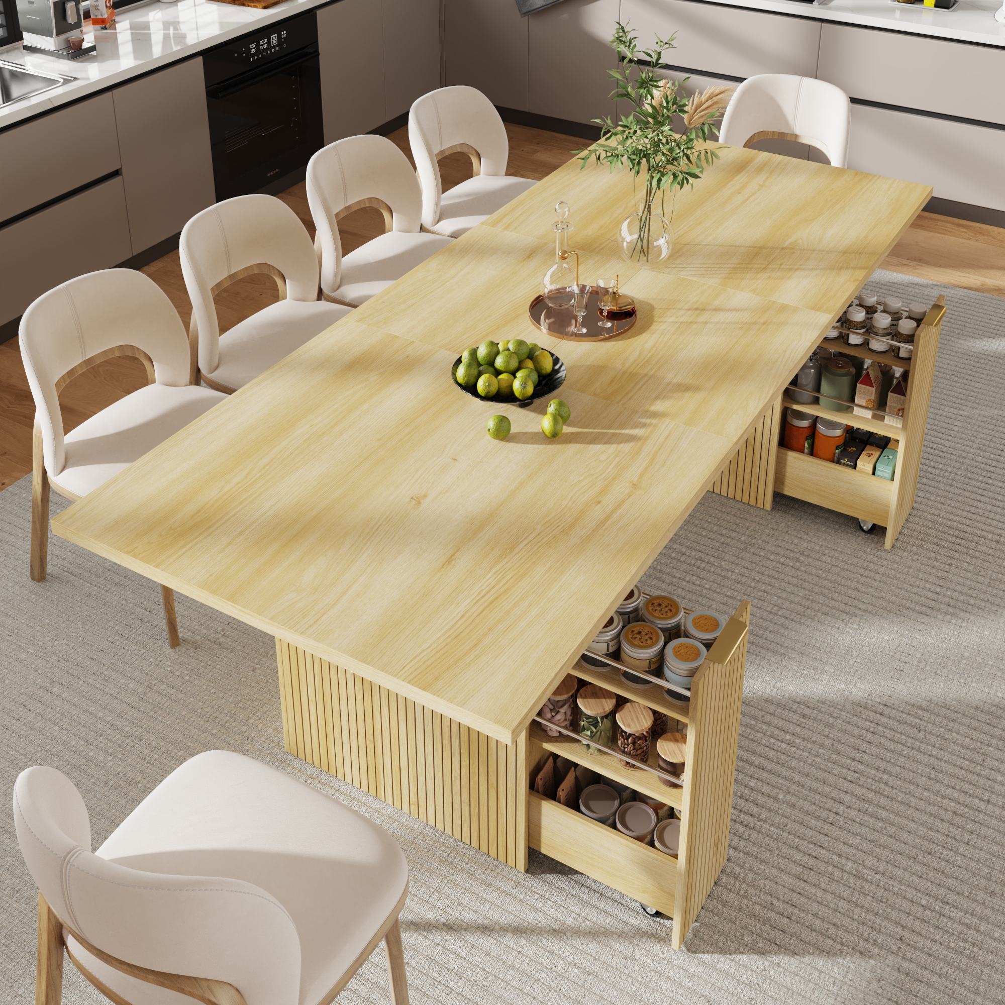 ChVans 70"-93" Extendable Dining Table for 8 10 12,Rectangular Wood Kitchen Table with Fluted Base and Storage,Double Pedestal Modern Farmhouse Dining Table for Living Room