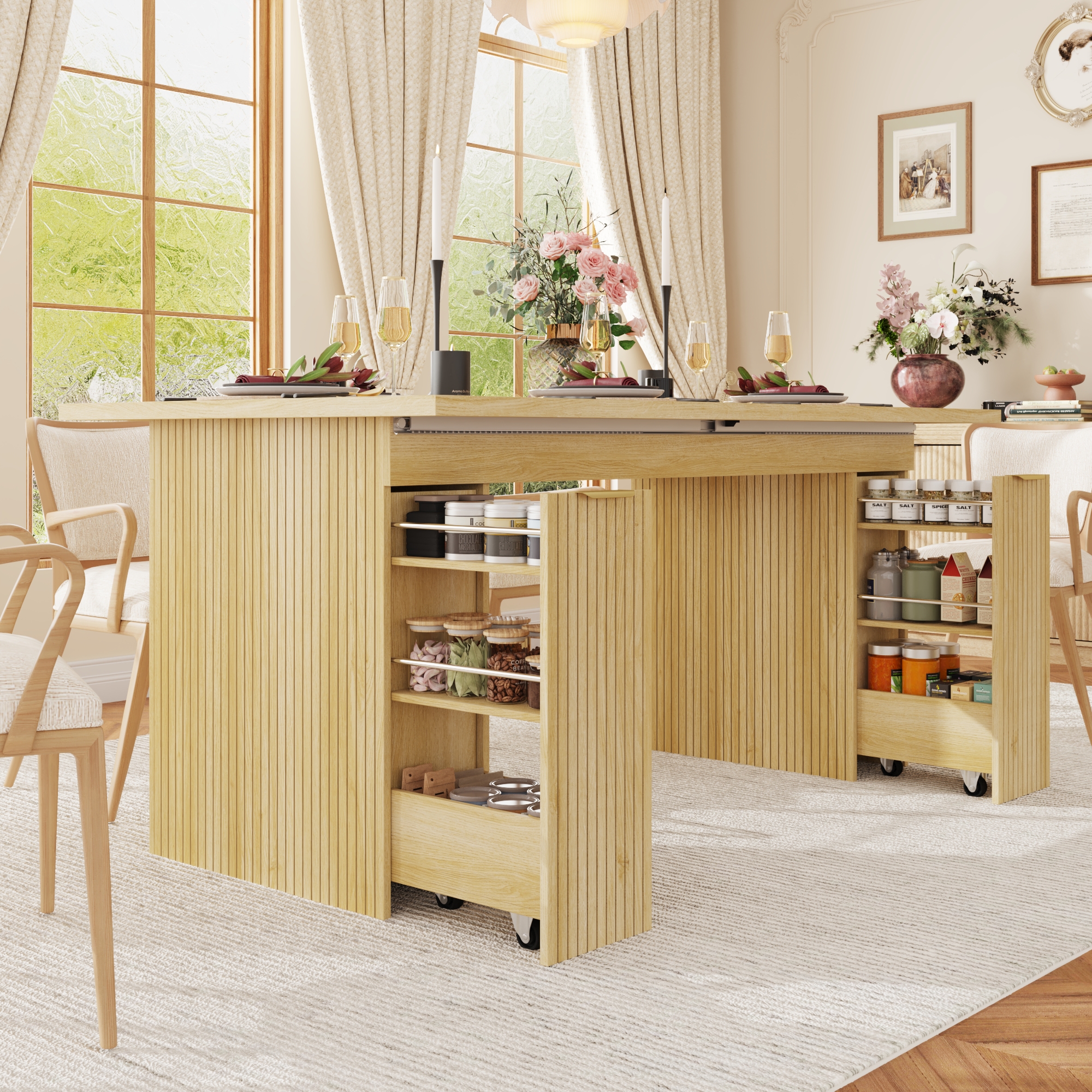 ChVans 70"-93" Extendable Dining Table for 8 10 12,Rectangular Wood Kitchen Table with Fluted Base and Storage,Double Pedestal Modern Farmhouse Dining Table for Living Room