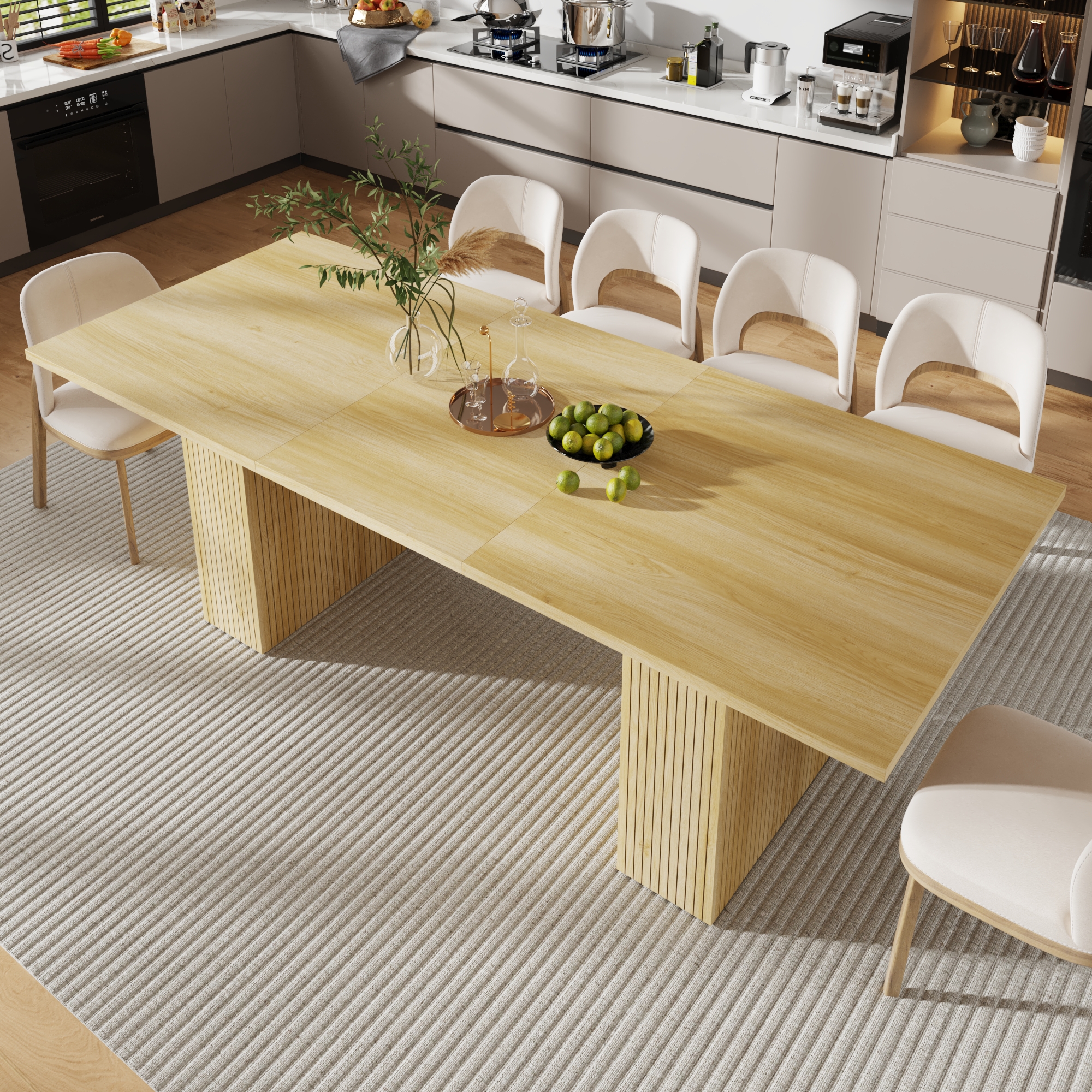 ChVans 70"-93" Extendable Dining Table for 8 10 12,Rectangular Wood Kitchen Table with Fluted Base and Storage,Double Pedestal Modern Farmhouse Dining Table for Living Room