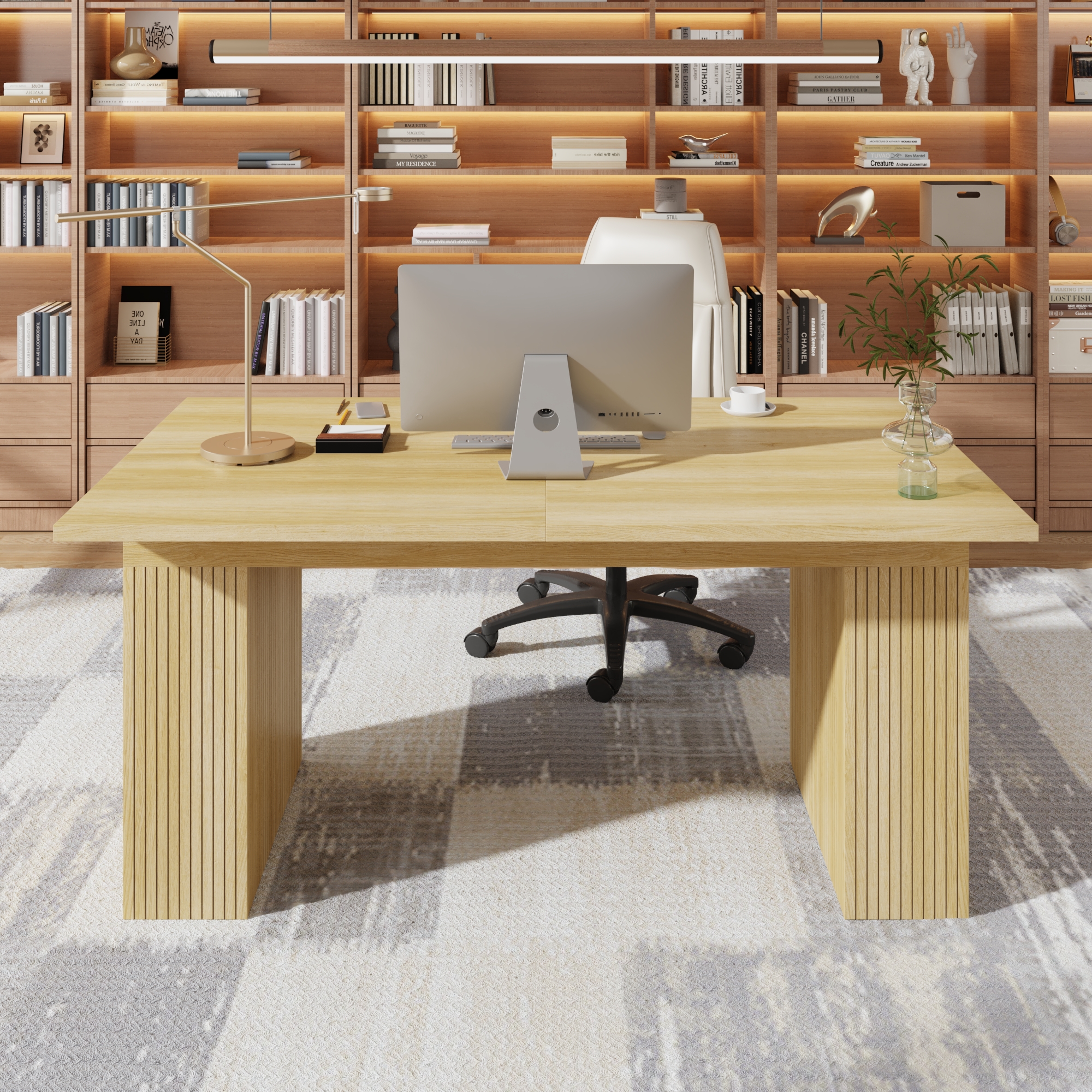 ChVans 70"-93" Extendable Dining Table for 8 10 12,Rectangular Wood Kitchen Table with Fluted Base and Storage,Double Pedestal Modern Farmhouse Dining Table for Living Room