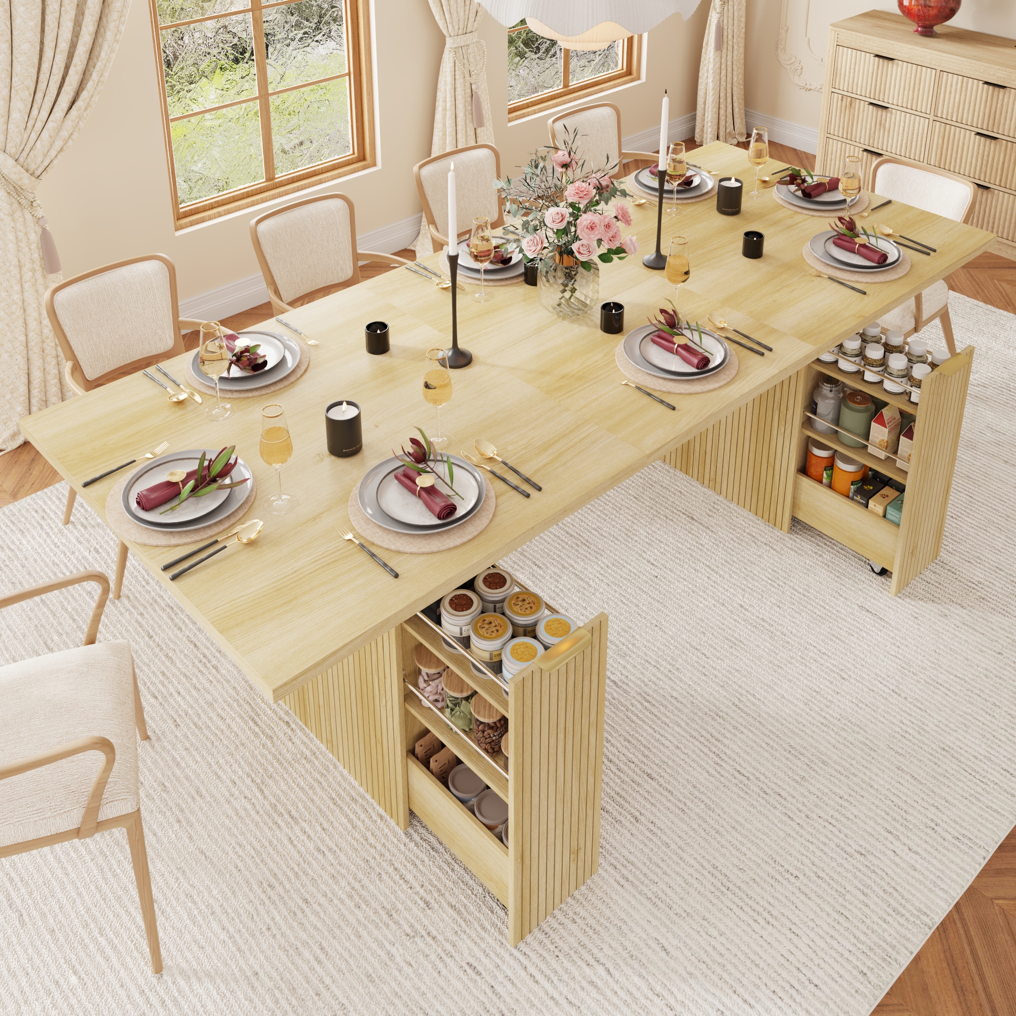 ChVans 70"-93" Extendable Dining Table for 8 10 12,Rectangular Wood Kitchen Table with Fluted Base and Storage,Double Pedestal Modern Farmhouse Dining Table for Living Room