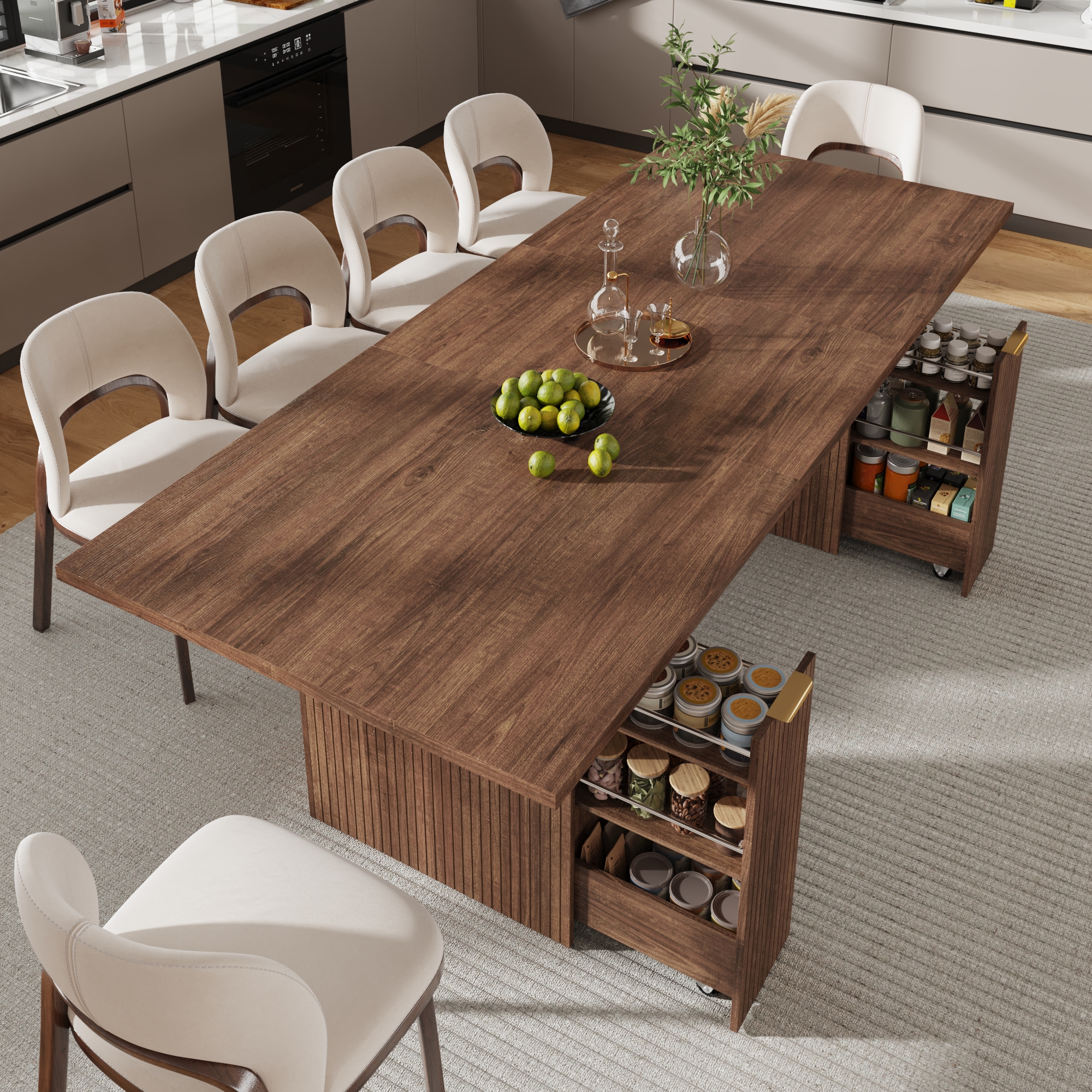 ChVans 70"-93" Extendable Dining Table for 8 10 12,Rectangular Wood Kitchen Table with Fluted Base and Storage,Double Pedestal Modern Farmhouse Dining Table for Living Room