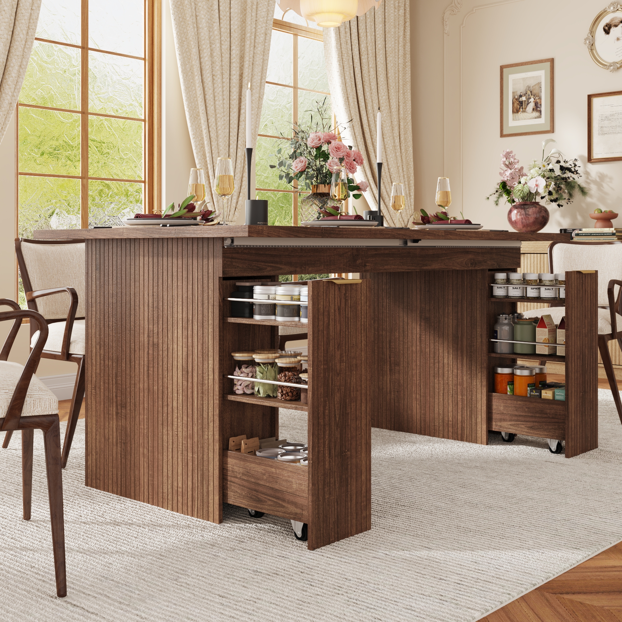 ChVans 70"-93" Extendable Dining Table for 8 10 12,Rectangular Wood Kitchen Table with Fluted Base and Storage,Double Pedestal Modern Farmhouse Dining Table for Living Room