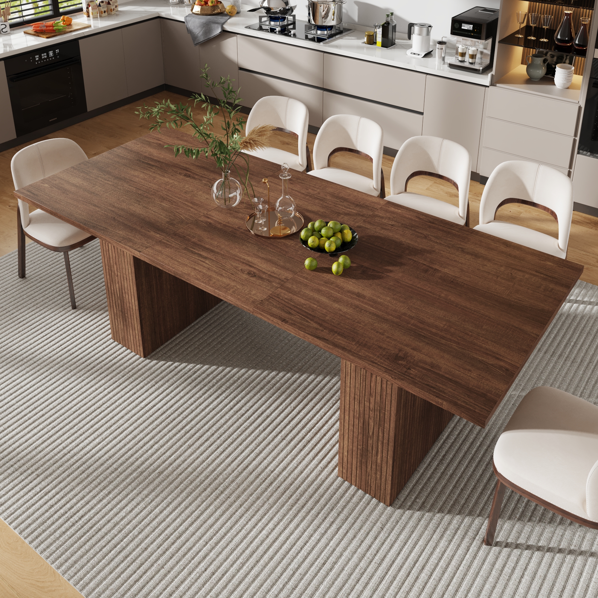 ChVans 70"-93" Extendable Dining Table for 8 10 12,Rectangular Wood Kitchen Table with Fluted Base and Storage,Double Pedestal Modern Farmhouse Dining Table for Living Room