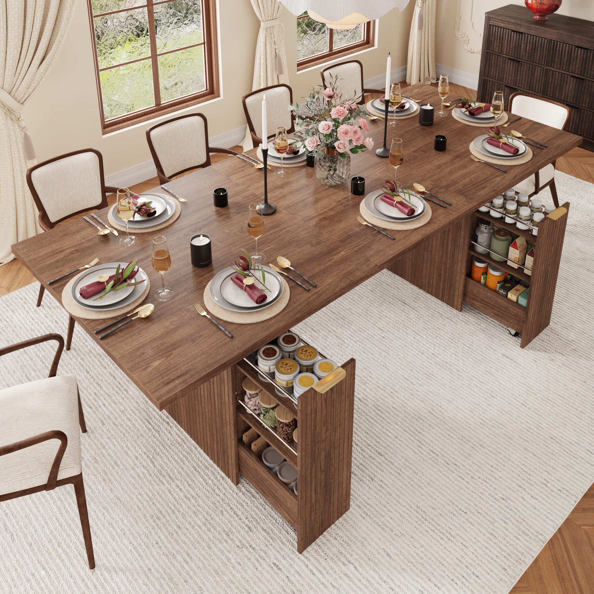 ChVans 70"-93" Extendable Dining Table for 8 10 12,Rectangular Wood Kitchen Table with Fluted Base and Storage,Double Pedestal Modern Farmhouse Dining Table for Living Room