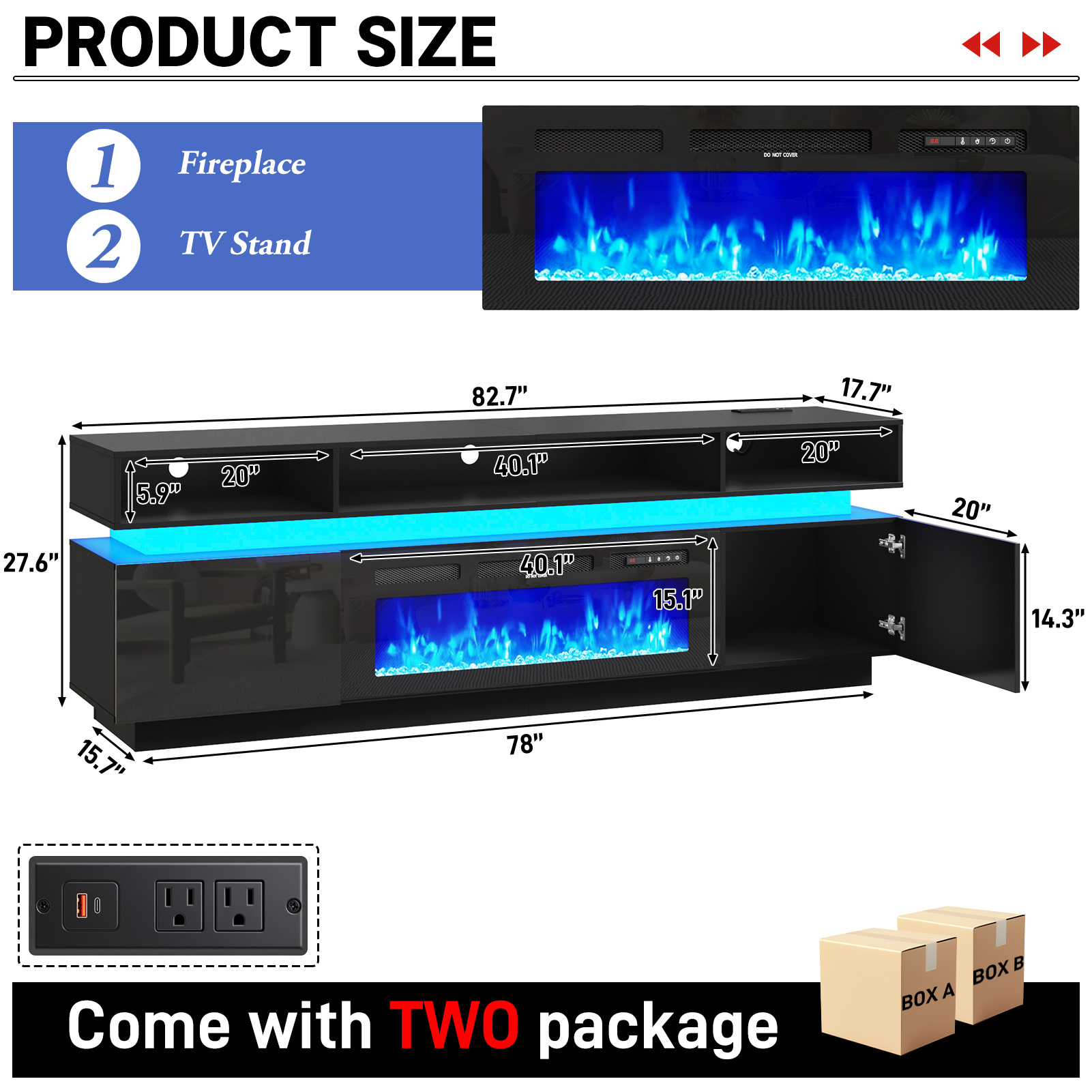 ChVans Fireplace TV Stand for 90" 95" 100" with LED Light & Outlets, 92.5" Large Entertainment Center Gaming Soundbar Shelf with 50'' Electric Fireplace