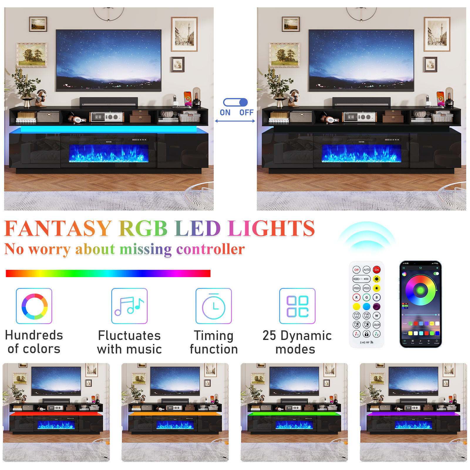 ChVans Fireplace TV Stand for 90" 95" 100" with LED Light & Outlets, 92.5" Large Entertainment Center Gaming Soundbar Shelf with 50'' Electric Fireplace