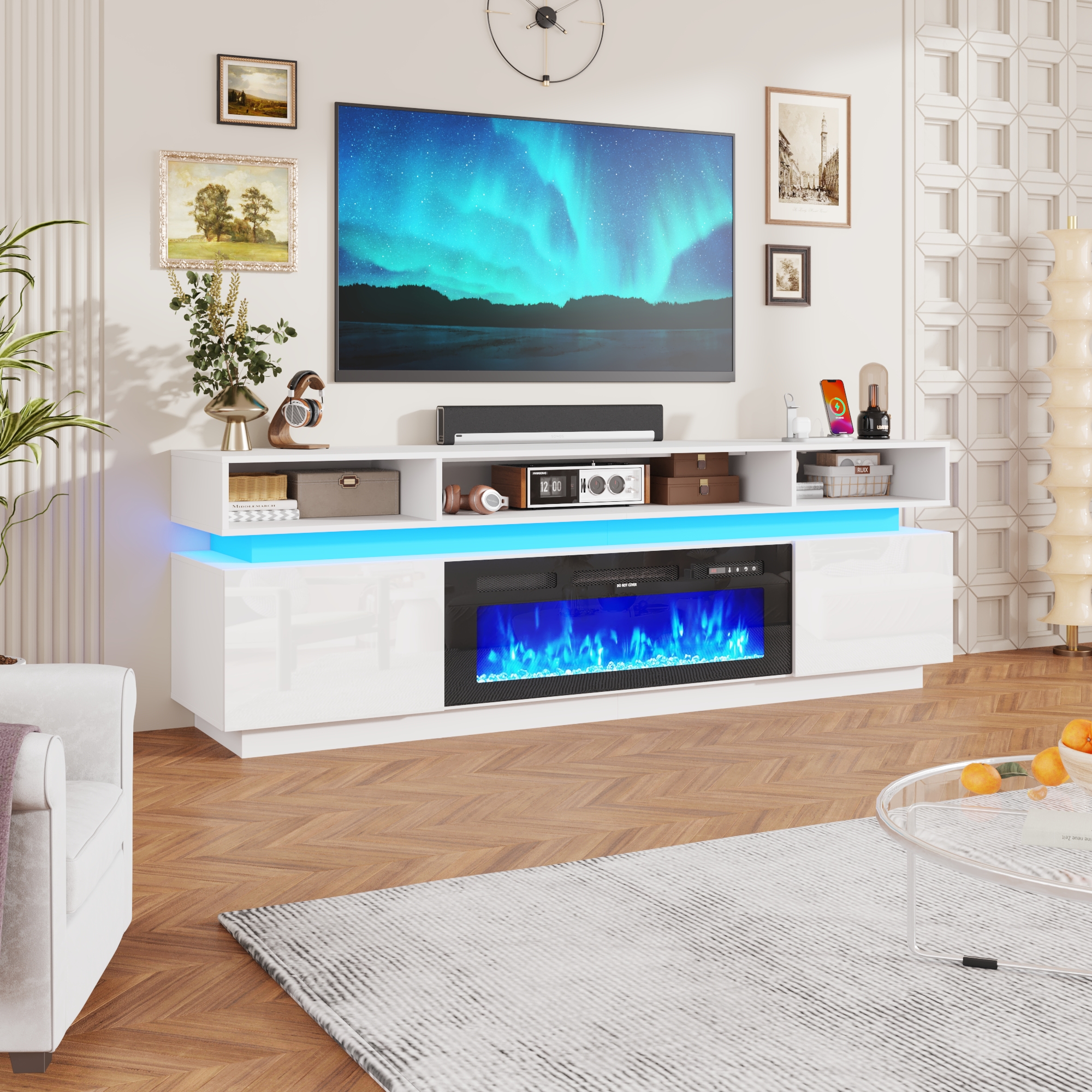 ChVans Fireplace TV Stand for 90" 95" 100" with LED Light & Outlets, 92.5" Large Entertainment Center Gaming Soundbar Shelf with 50'' Electric Fireplace