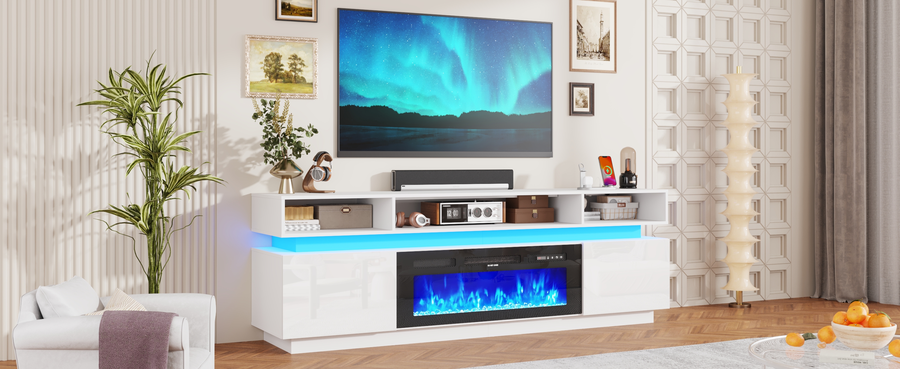 ChVans Fireplace TV Stand for 90" 95" 100" with LED Light & Outlets, 92.5" Large Entertainment Center Gaming Soundbar Shelf with 50'' Electric Fireplace