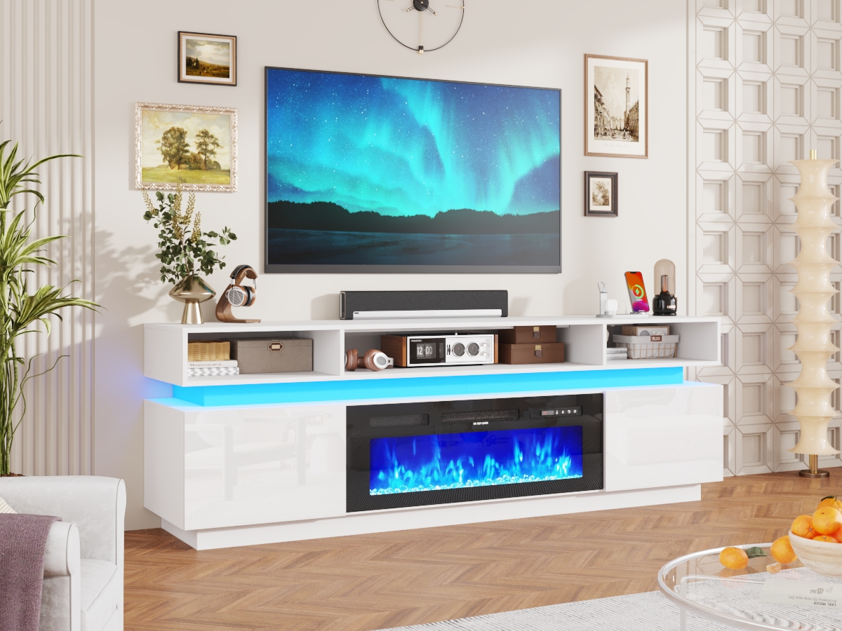ChVans Fireplace TV Stand for 90" 95" 100" with LED Light & Outlets, 92.5" Large Entertainment Center Gaming Soundbar Shelf with 50'' Electric Fireplace