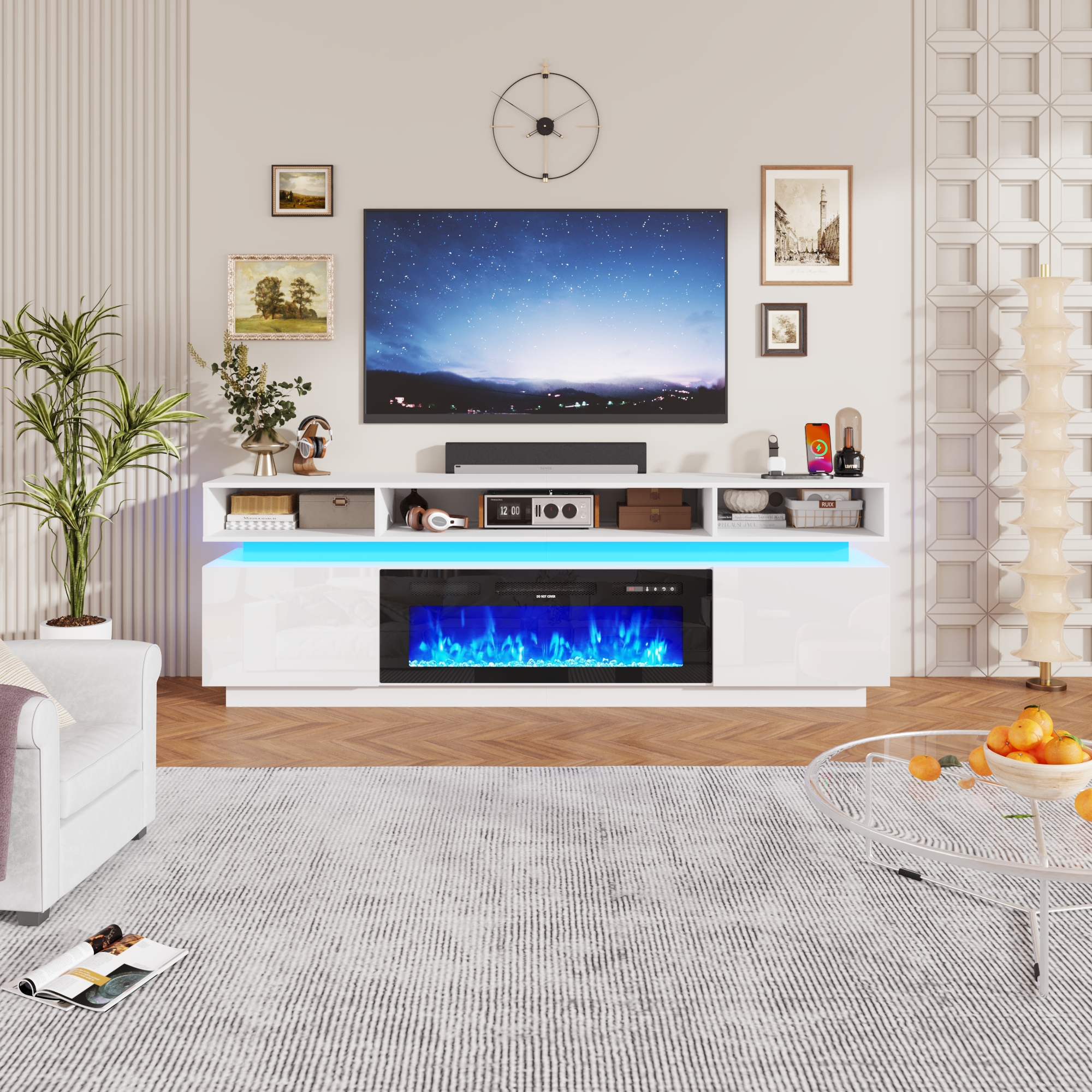 ChVans Fireplace TV Stand for 90" 95" 100" with LED Light & Outlets, 92.5" Large Entertainment Center Gaming Soundbar Shelf with 50'' Electric Fireplace