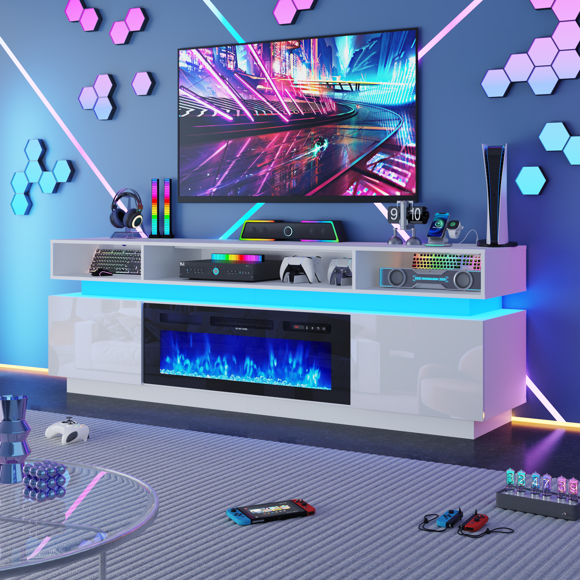 ChVans Fireplace TV Stand for 90" 95" 100" with LED Light & Outlets, 92.5" Large Entertainment Center Gaming Soundbar Shelf with 50'' Electric Fireplace