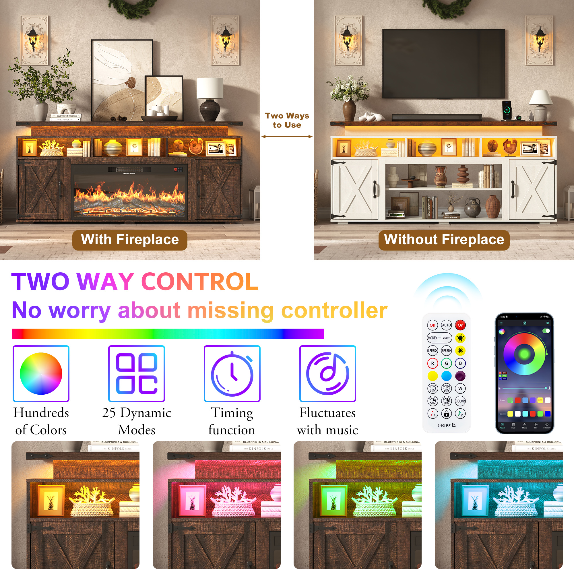 ChVans 70.8" Farmhouse Fireplace TV Stand for TVs up to 80" with 36" Electric Fireplace, 32" Tall Entertainment Center with Power Outlet/LED Lights, Media Console w/Sliding Barn Door for Living Room