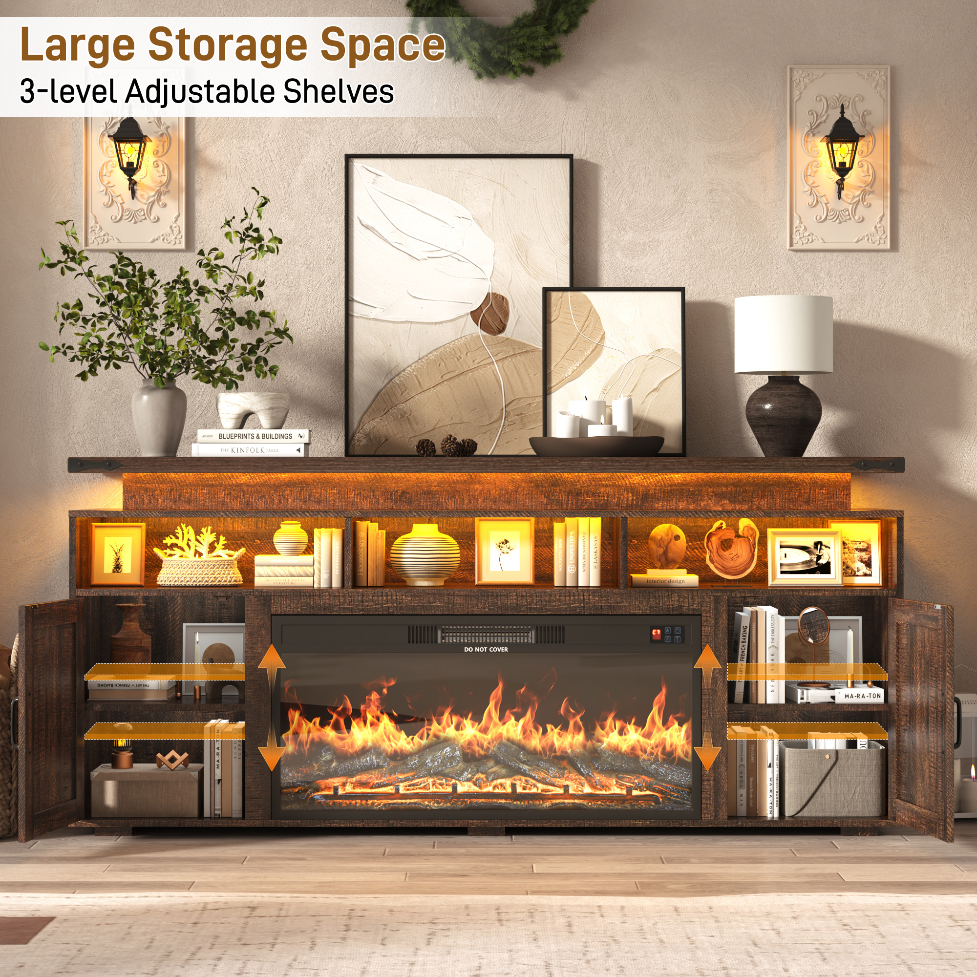 ChVans 70.8" Farmhouse Fireplace TV Stand for TVs up to 80" with 36" Electric Fireplace, 32" Tall Entertainment Center with Power Outlet/LED Lights, Media Console w/Sliding Barn Door for Living Room