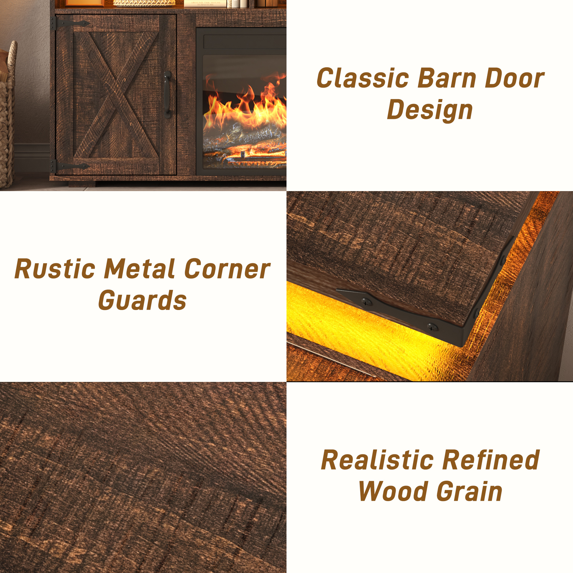 ChVans 70.8" Farmhouse Fireplace TV Stand for TVs up to 80" with 36" Electric Fireplace, 32" Tall Entertainment Center with Power Outlet/LED Lights, Media Console w/Sliding Barn Door for Living Room