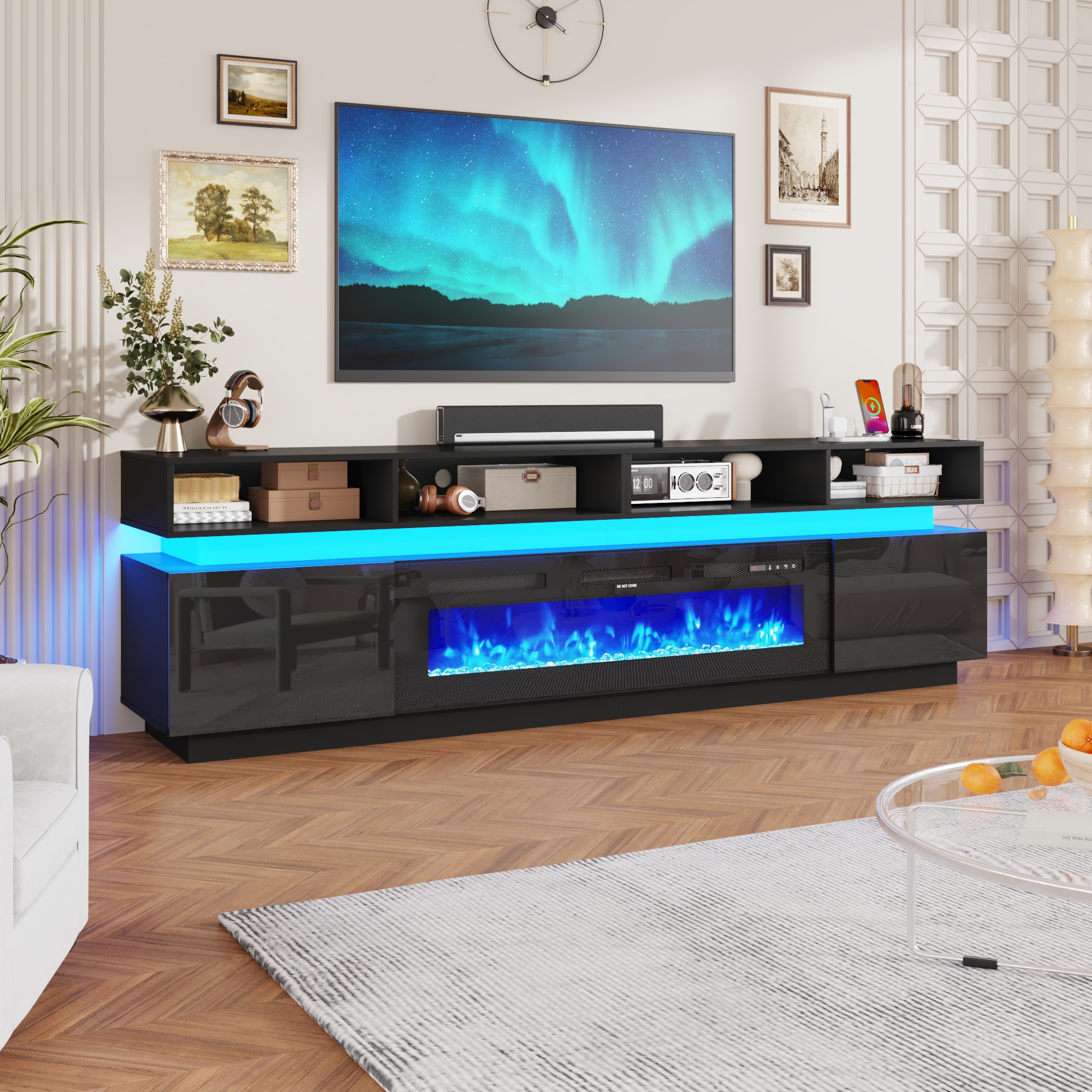 ChVans Fireplace TV Stand for 90" 95" 100" with LED Light & Outlets, 92.5" Large Entertainment Center Gaming Soundbar Shelf with 50'' Electric Fireplace