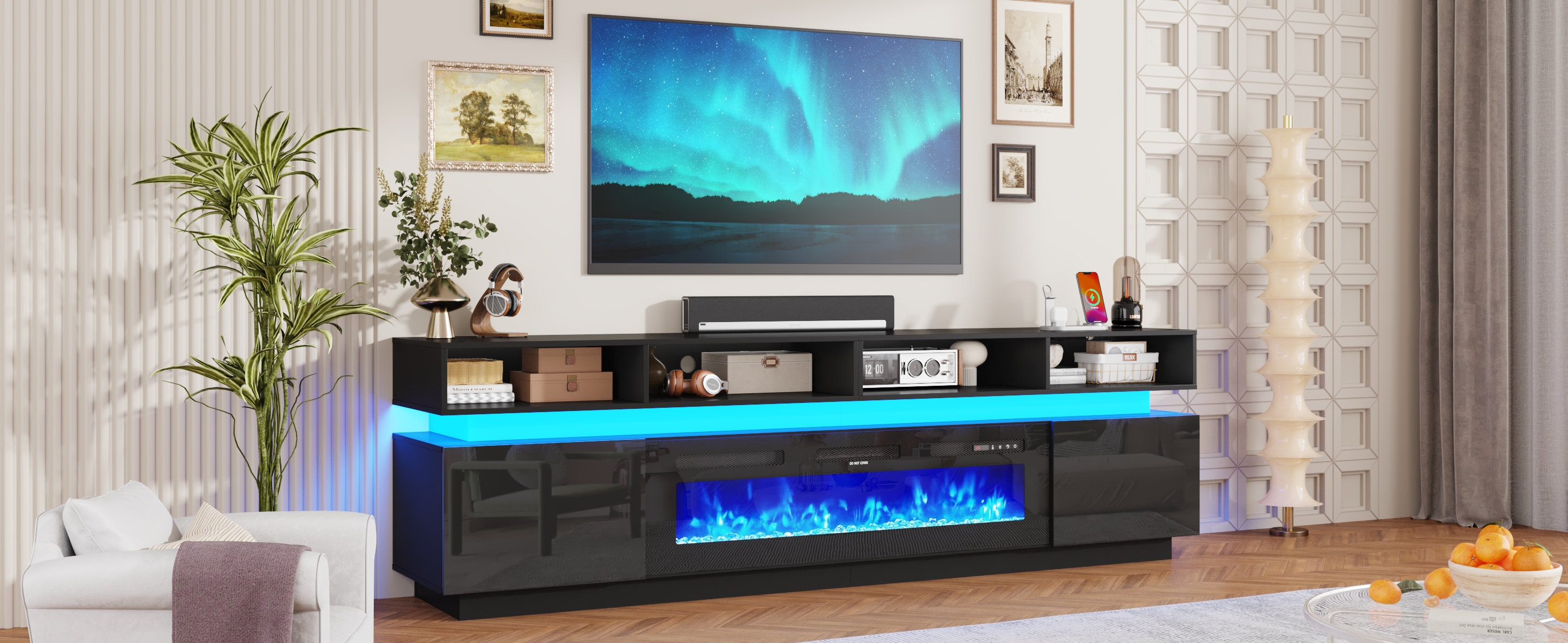 ChVans Fireplace TV Stand for 90" 95" 100" with LED Light & Outlets, 92.5" Large Entertainment Center Gaming Soundbar Shelf with 50'' Electric Fireplace