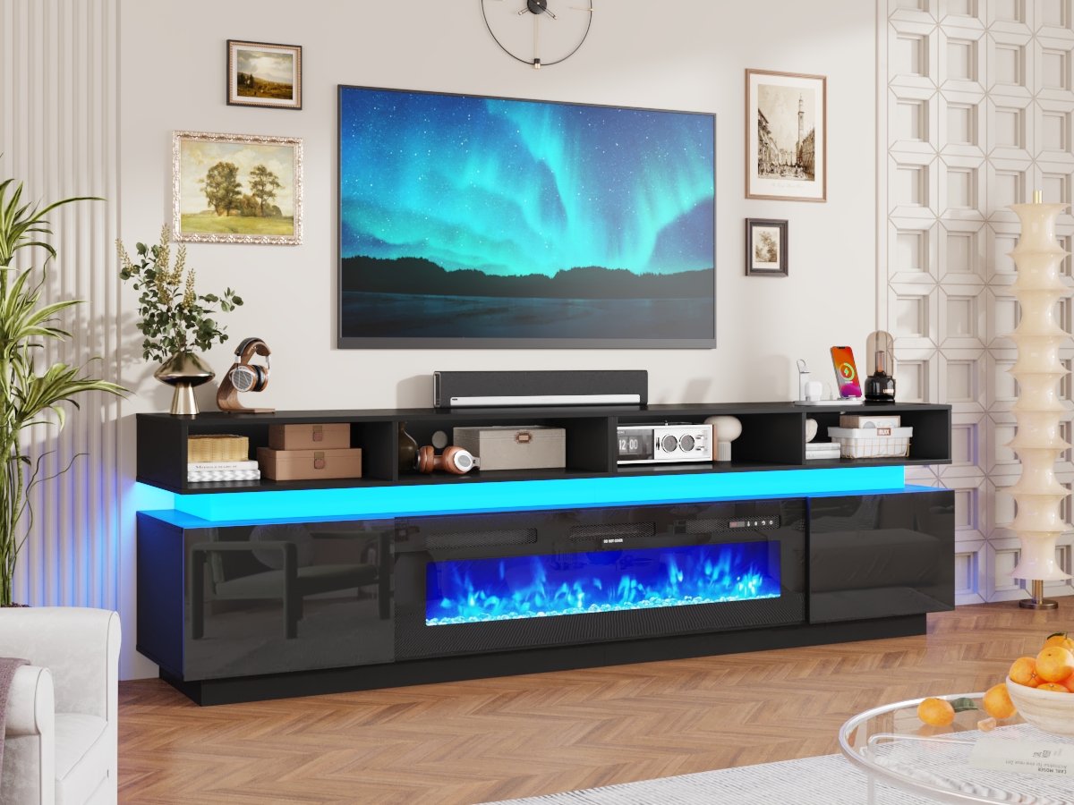 ChVans Fireplace TV Stand for 90" 95" 100" with LED Light & Outlets, 92.5" Large Entertainment Center Gaming Soundbar Shelf with 50'' Electric Fireplace