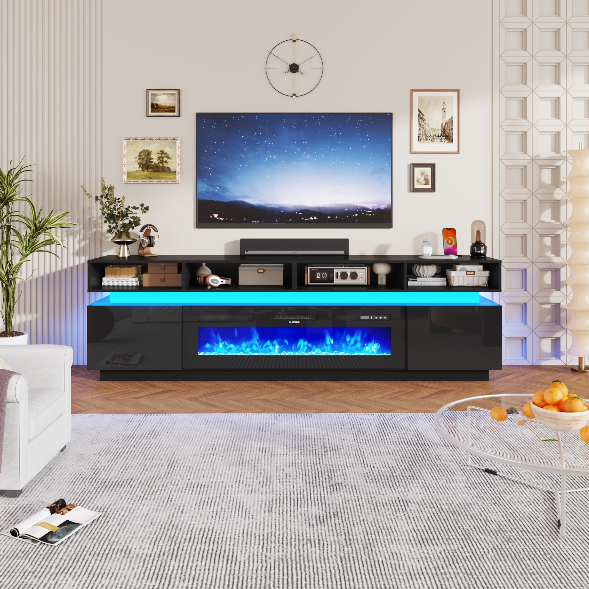 ChVans Fireplace TV Stand for 90" 95" 100" with LED Light & Outlets, 92.5" Large Entertainment Center Gaming Soundbar Shelf with 50'' Electric Fireplace
