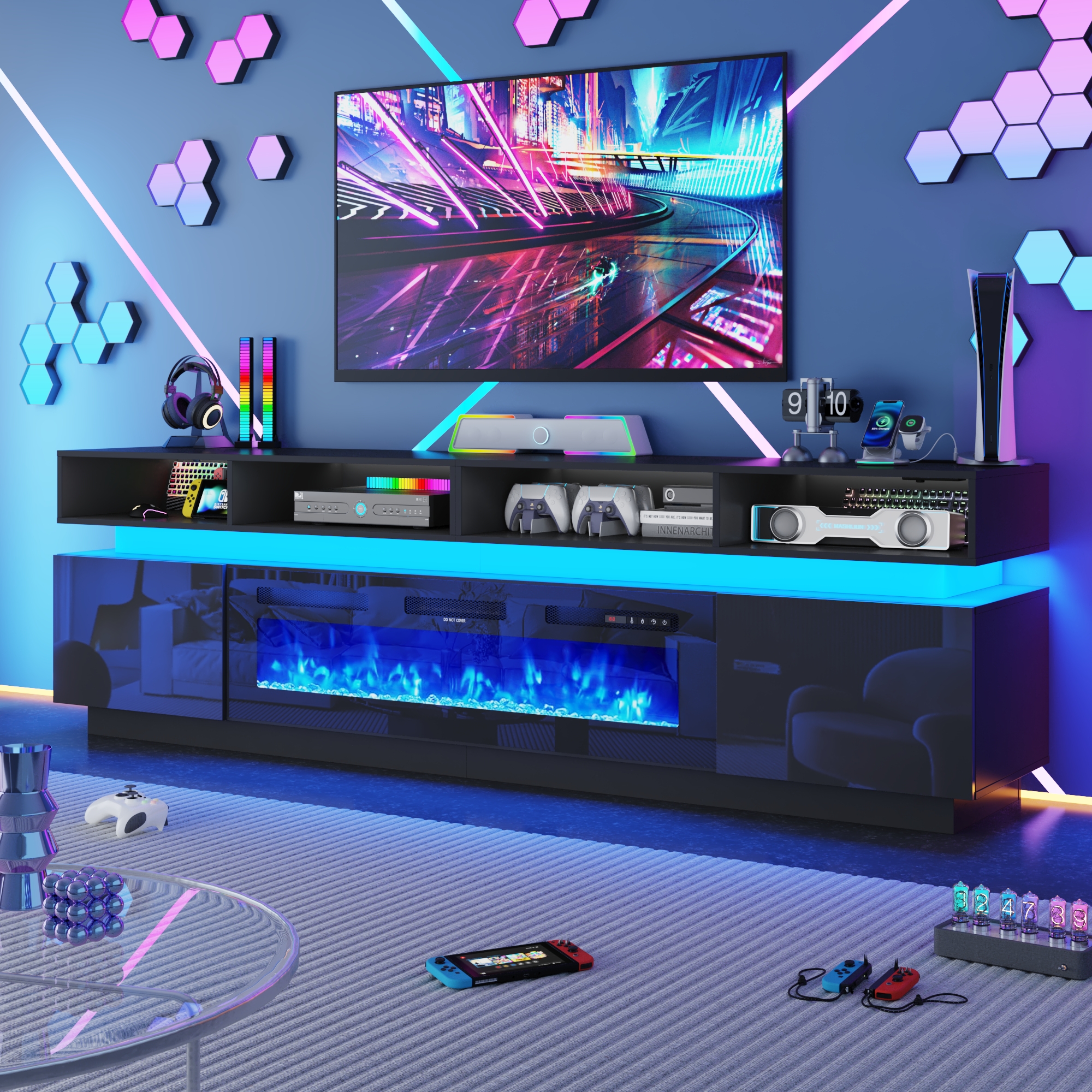 ChVans Fireplace TV Stand for 90" 95" 100" with LED Light & Outlets, 92.5" Large Entertainment Center Gaming Soundbar Shelf with 50'' Electric Fireplace