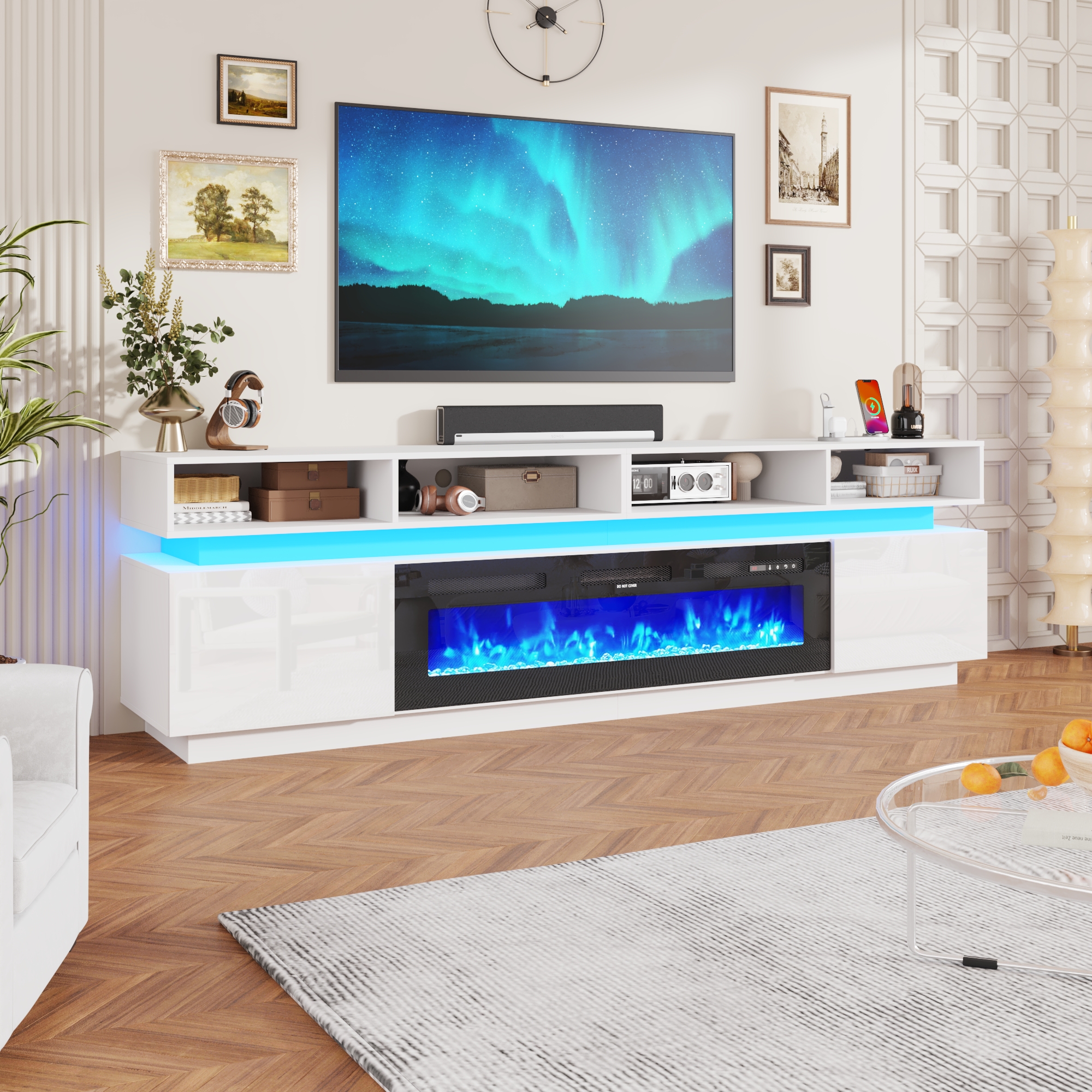 ChVans Fireplace TV Stand for 90" 95" 100" with LED Light & Outlets, 92.5" Large Entertainment Center Gaming Soundbar Shelf with 50'' Electric Fireplace