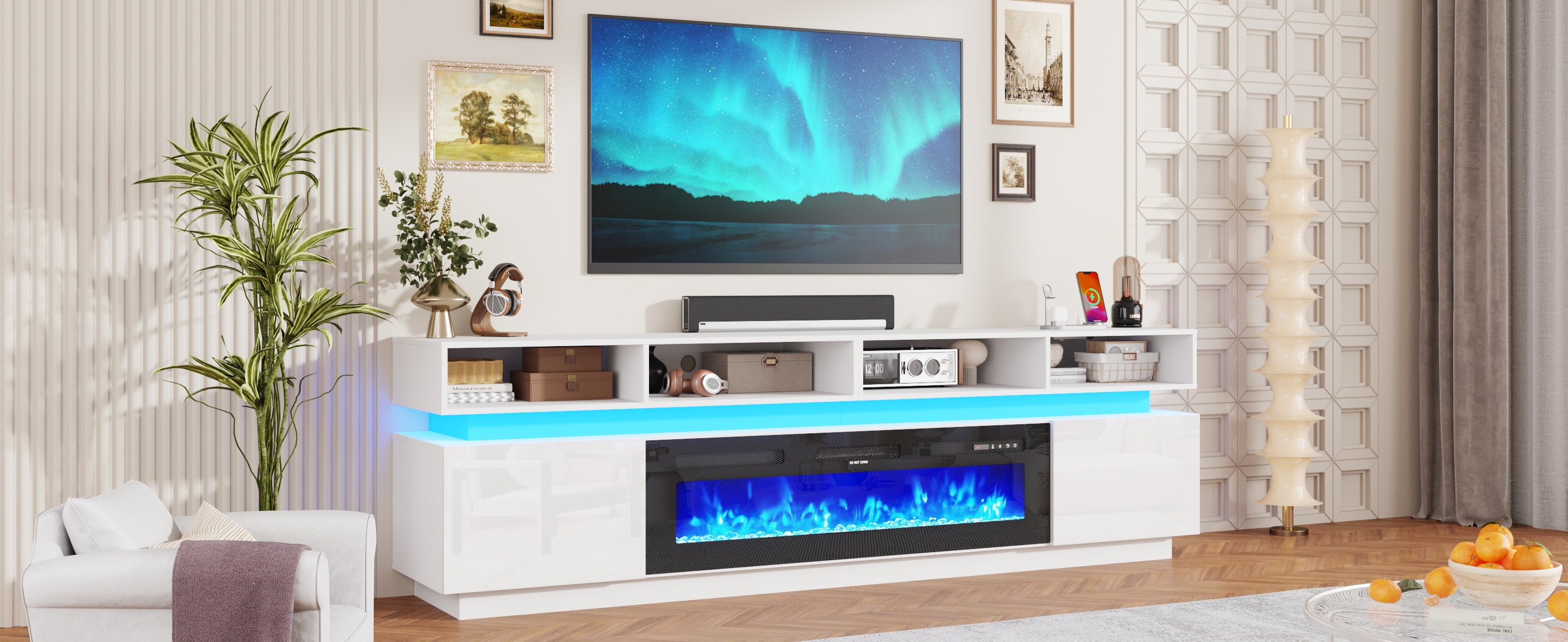 ChVans Fireplace TV Stand for 90" 95" 100" with LED Light & Outlets, 92.5" Large Entertainment Center Gaming Soundbar Shelf with 50'' Electric Fireplace