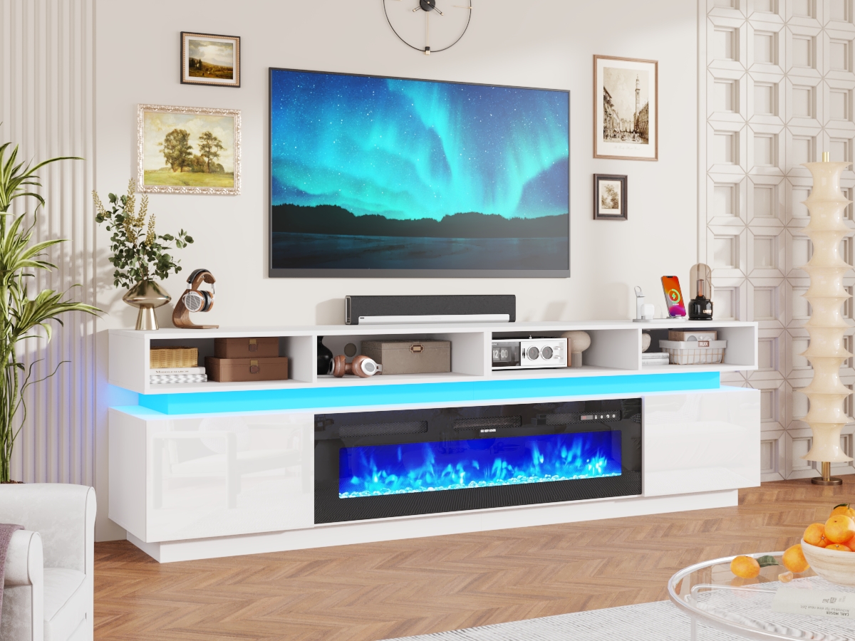 ChVans Fireplace TV Stand for 90" 95" 100" with LED Light & Outlets, 92.5" Large Entertainment Center Gaming Soundbar Shelf with 50'' Electric Fireplace