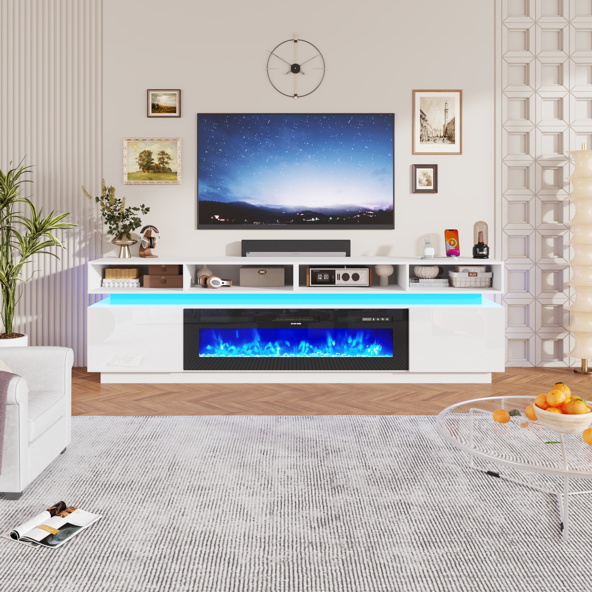 ChVans Fireplace TV Stand for 90" 95" 100" with LED Light & Outlets, 92.5" Large Entertainment Center Gaming Soundbar Shelf with 50'' Electric Fireplace
