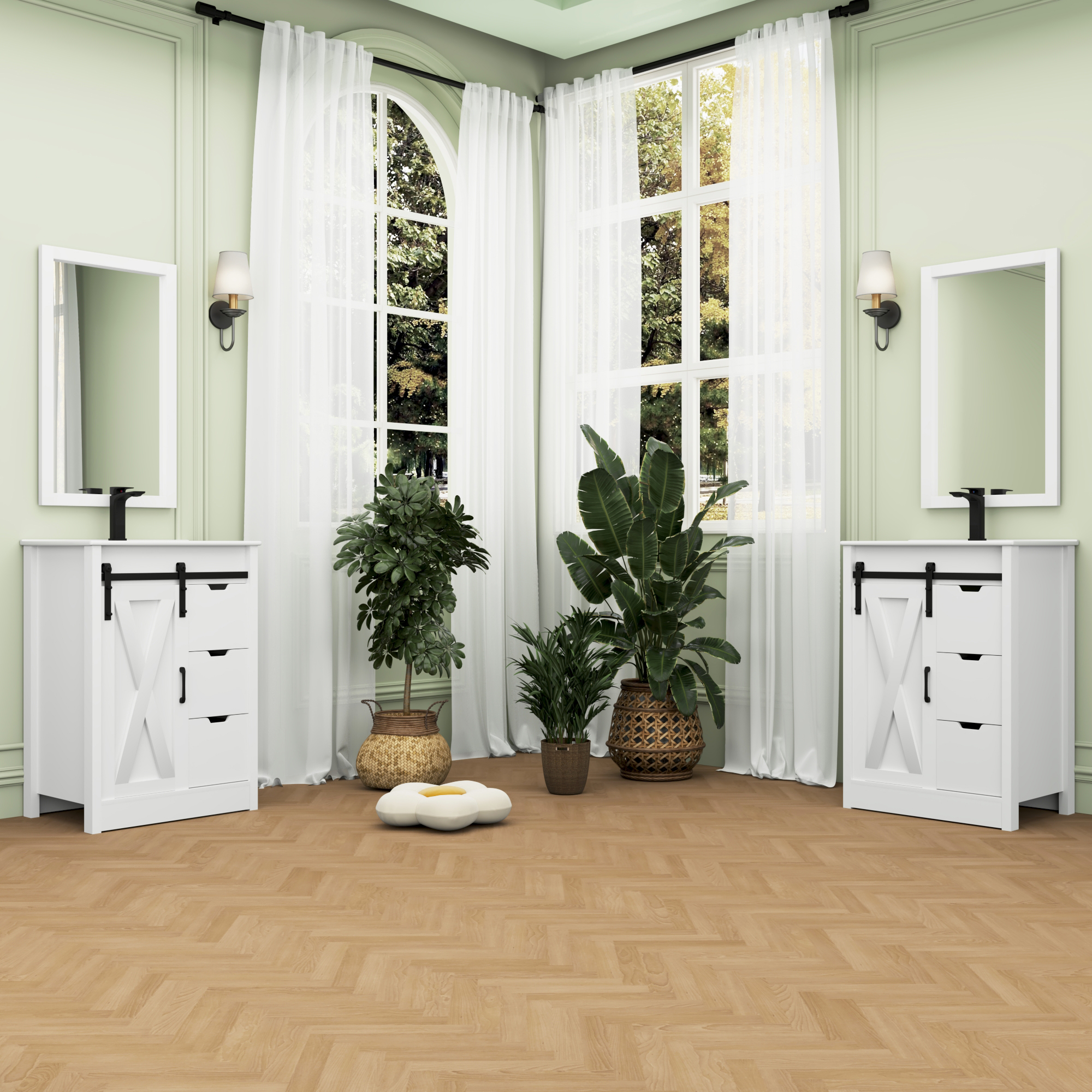 ChVans Farmhouse Bathroom Vanity with Sink & Faucet & Mirror, 36" Large Bathroom Vanity Cabinet Set with 3 Drawers and Sliding Barn Door, Freestanding Single Bath Storage Vanity Ceramic Sink,Brown