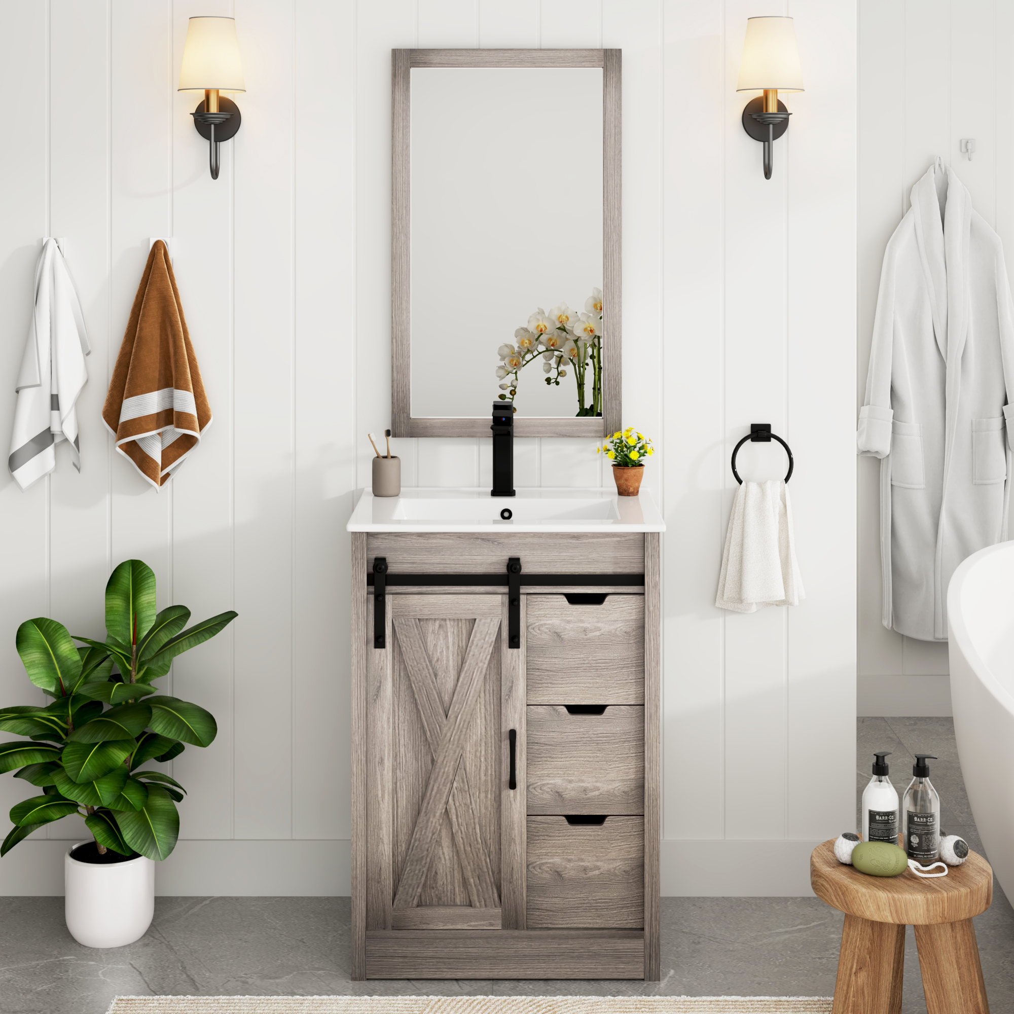 ChVans Farmhouse Bathroom Vanity with Sink & Faucet & Mirror, 36" Large Bathroom Vanity Cabinet Set with 3 Drawers and Sliding Barn Door, Freestanding Single Bath Storage Vanity Ceramic Sink,Brown