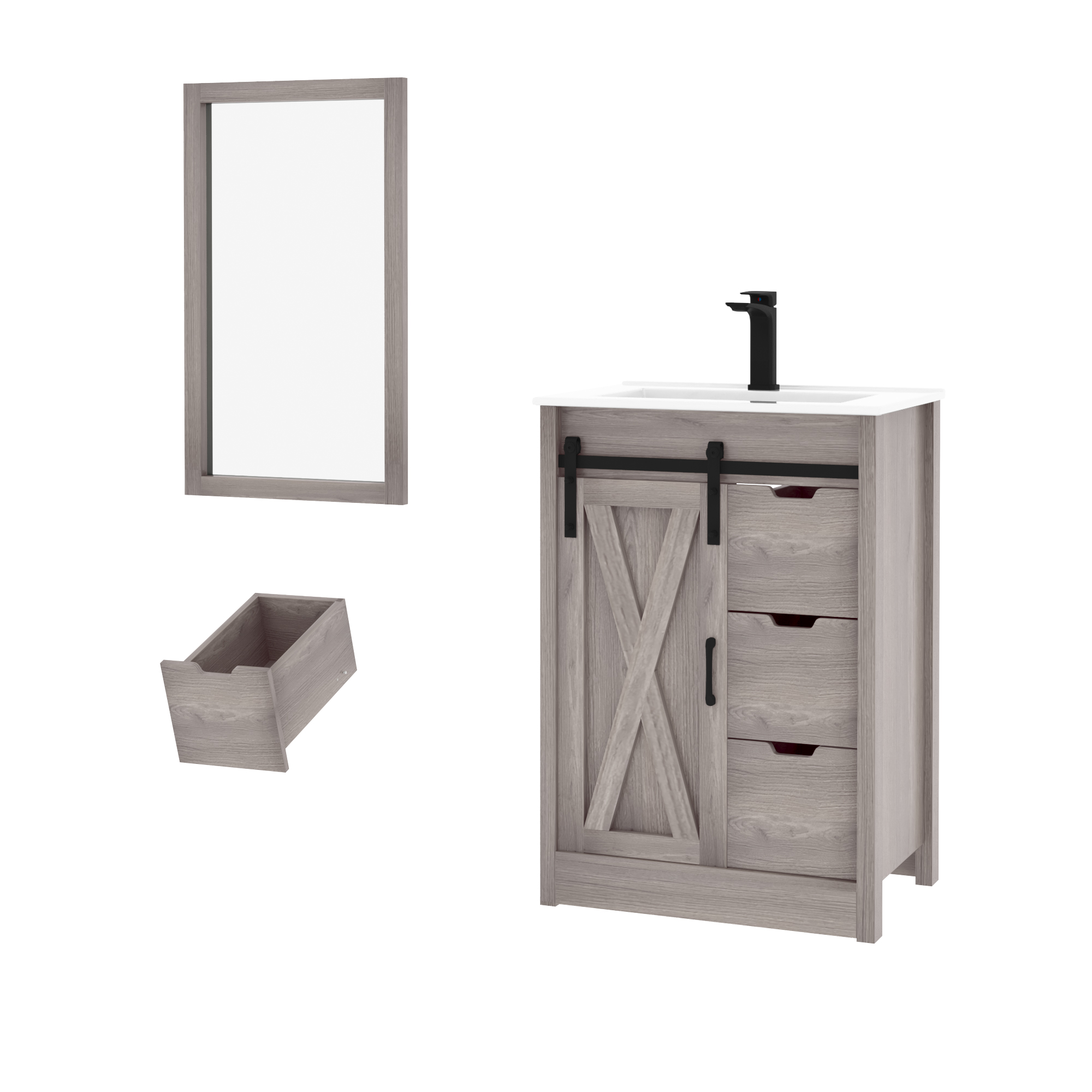 ChVans Farmhouse Bathroom Vanity with Sink & Faucet & Mirror, 36" Large Bathroom Vanity Cabinet Set with 3 Drawers and Sliding Barn Door, Freestanding Single Bath Storage Vanity Ceramic Sink,Brown