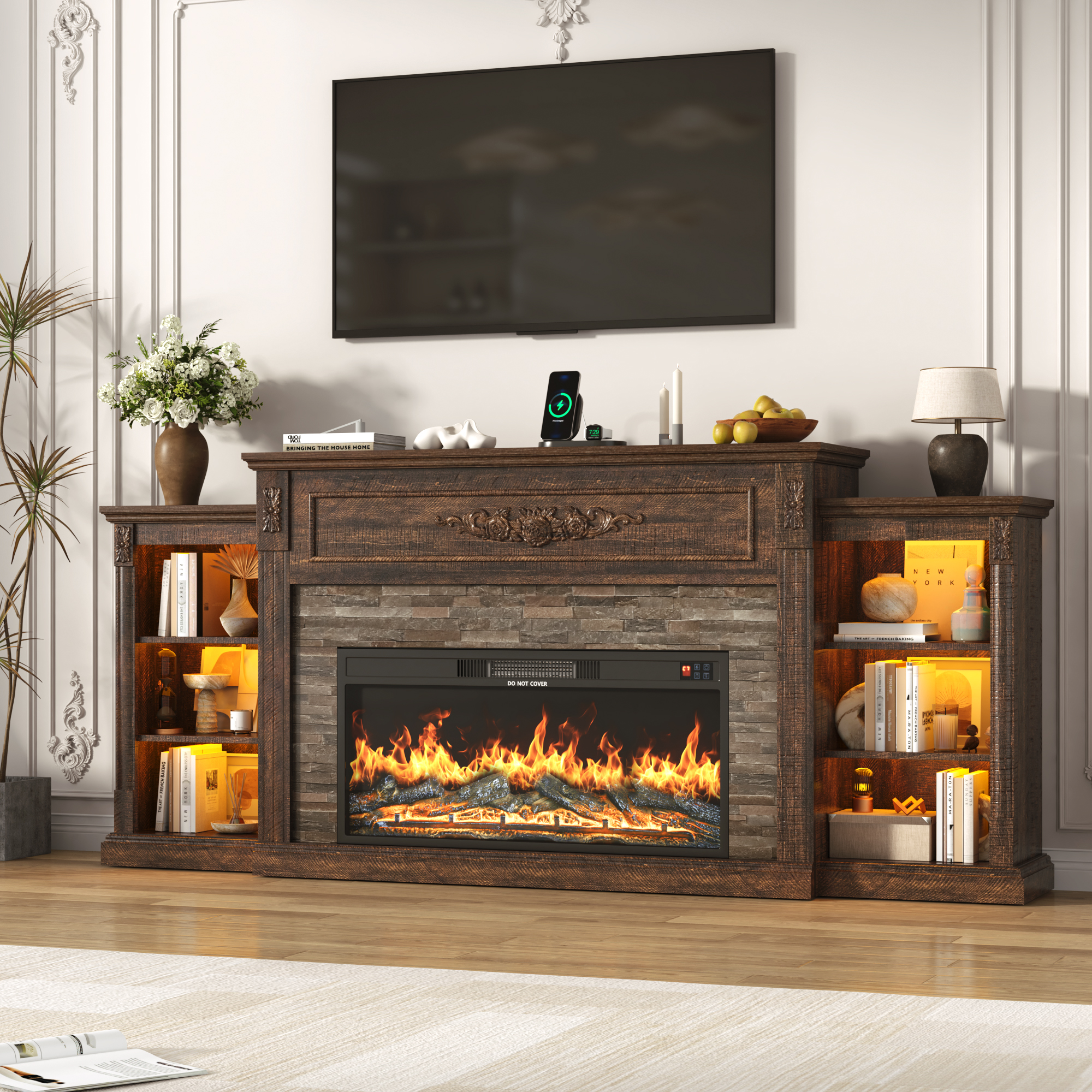 ANPOO 85" Electric Fireplace with Mantel, Fireplace TV Stand with 36" Fireplace for TVs Up to 95 Inch, 37.6" Tall Farmhouse Entertainment Center with LED Lights & Charging Station, Carved Decoration