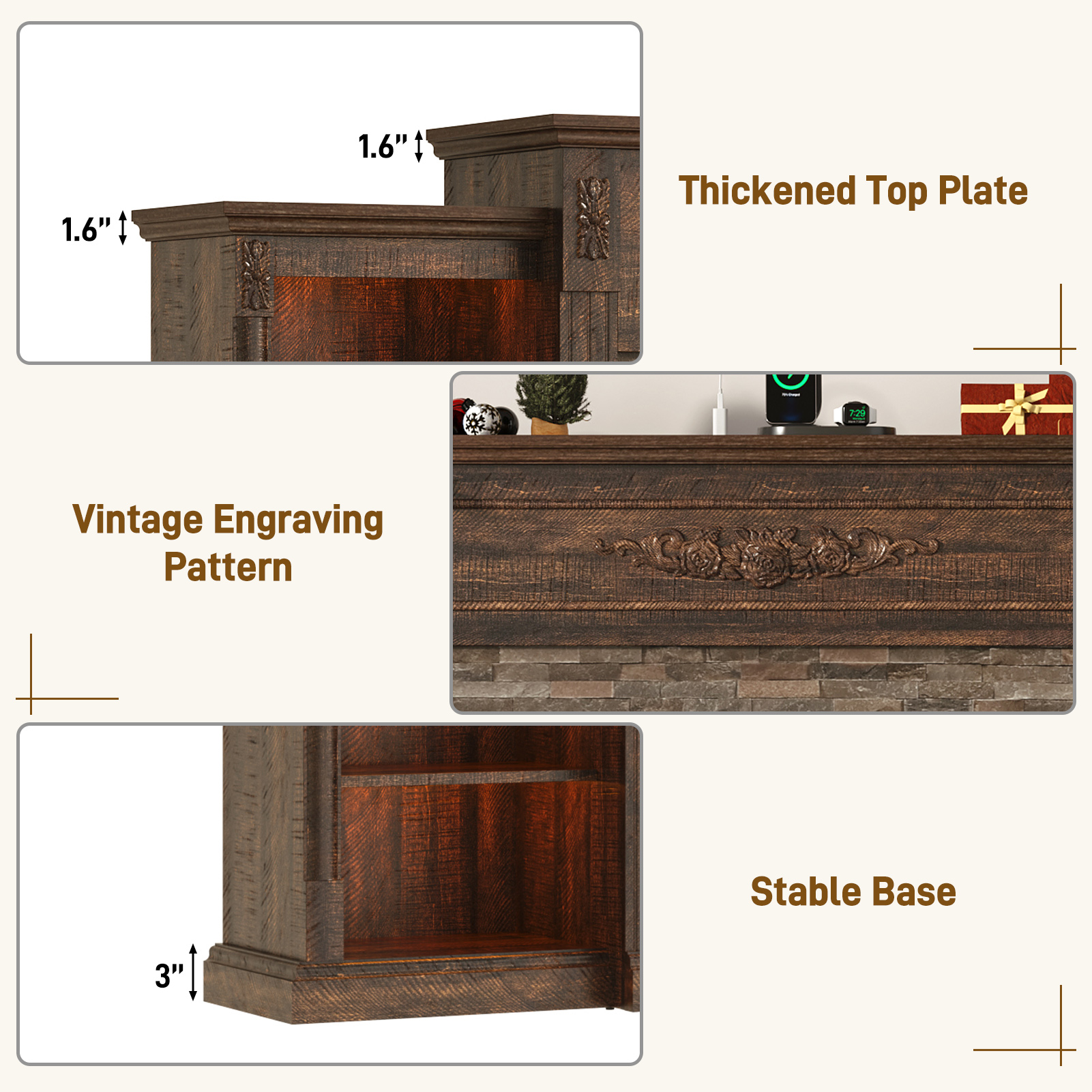 ANPOO 85" Electric Fireplace with Mantel, Fireplace TV Stand with 36" Fireplace for TVs Up to 95 Inch, 37.6" Tall Farmhouse Entertainment Center with LED Lights & Charging Station, Carved Decoration