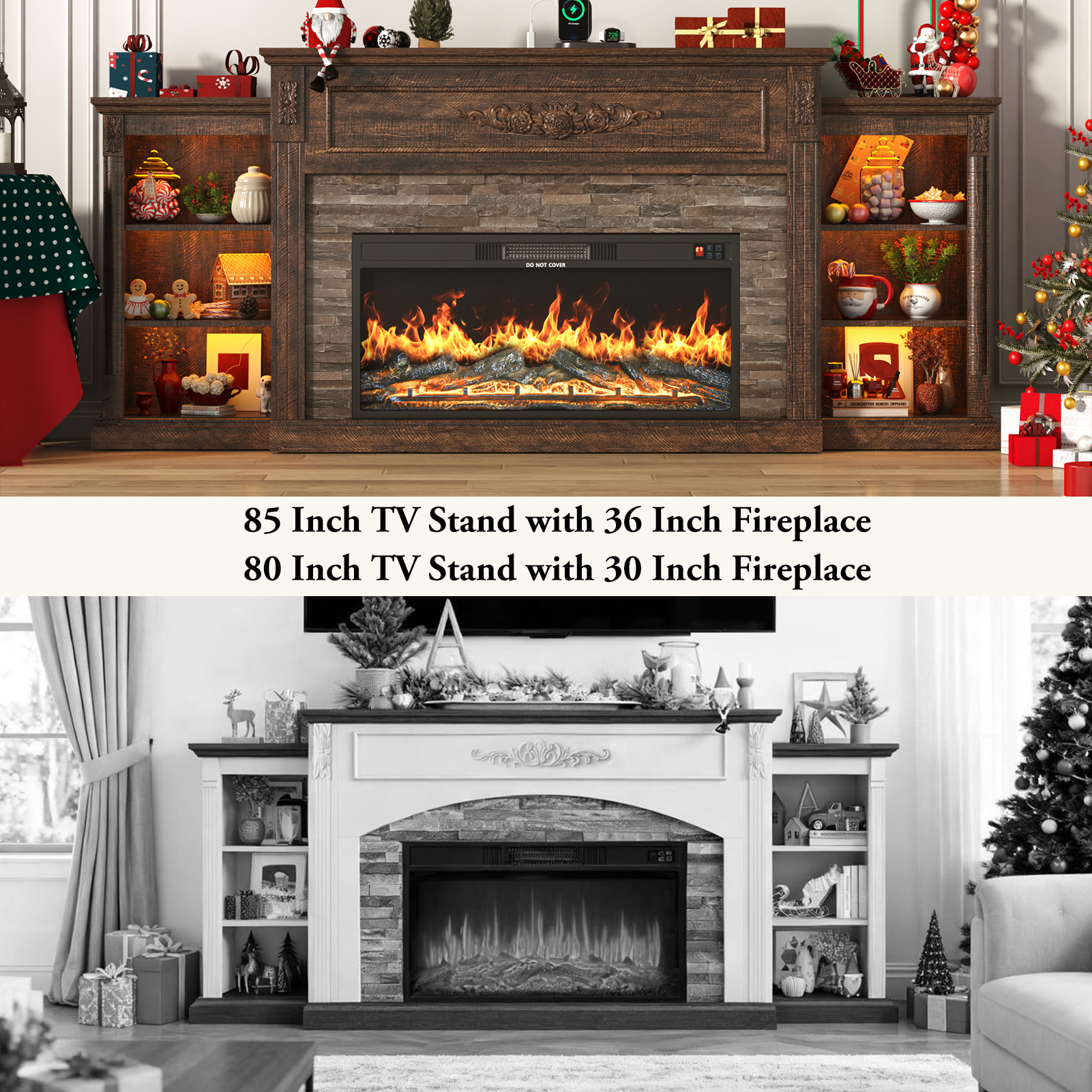 ANPOO 85" Electric Fireplace with Mantel, Fireplace TV Stand with 36" Fireplace for TVs Up to 95 Inch, 37.6" Tall Farmhouse Entertainment Center with LED Lights & Charging Station, Carved Decoration